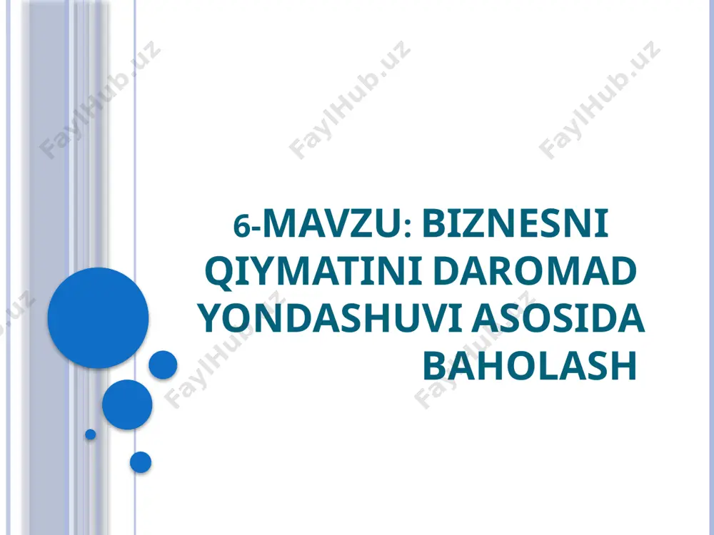 қаради. pod usuli asosida korxonalarni baholashning asosiy bosqichlari пул оқими моделини танлаш. башорат қилиш жараёнининг давомлилигини аниқлаш. сотувдан тушган ялпи даромадни башорат етиш ва ретроспектив таҳлил қилиш. харажатларни башорат етиш ва таҳлил қилиш. инвестицияларни башорат етиш ва таҳлил қилиш. ҳар бир башорат йили пул оқимининг миқдорини (қийматини) ҳисоблаш. дисконтлаш ставкасини аниқлаш. башорат етишдан кейинги (постпрогноз) даврда қийматнинг миқдорини ҳисоблаш. жорий қийматларни келажакдаги пул оқимини ва постпроигноз давридаги қийматларни ҳисоблаш. якуний натижаларга тузатишлар киритиш. баҳолаш объекти қиймати пул оқимларини дисконтлаш усули (кейинги ўринларда матнда под усули деб юритилади) ёрдамида баҳолаш объектидан прогноз даврида кутилаётган пул оқимларининг жорий қийматлари ва баҳолаш объектининг прогноз давридан кейинги жорий қийматини қўшиш йўли билан аниқланади. бунда, кўрсатилган қийматлар баҳолаш санасидаги дисконтлаш ставкаси бўйича келтирилади. баҳолаш объектининг жорий қийматини под усули билан ҳисоблаш формуласи, пул оқимлари прогноз даврининг ҳар бир йили охирида тушади деб фараз қилинганда, қуйидаги кўринишга эга бўлади: , бу ерда: pv — жорий қиймат; …