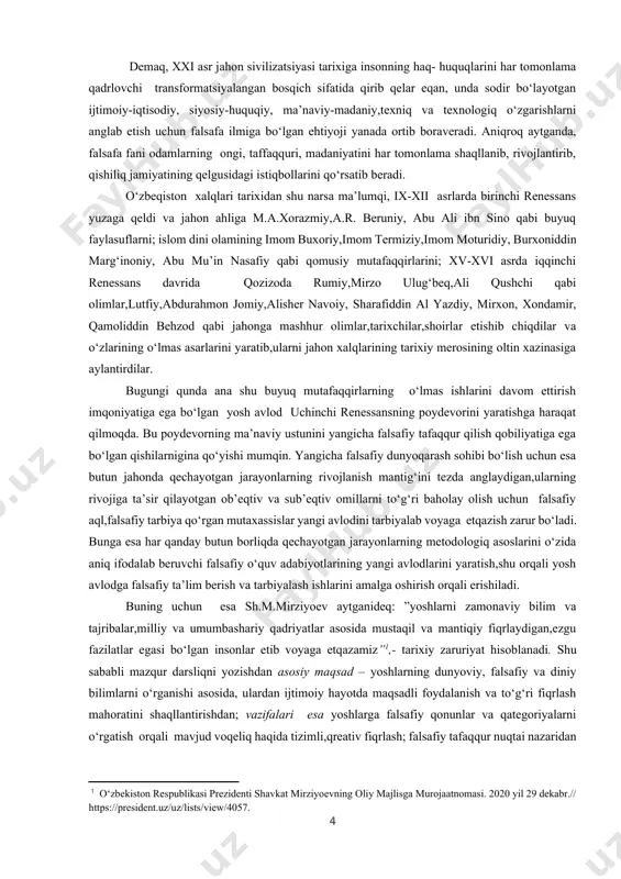 sub’eqtiv omillarni to‘g‘ri baholay olish uchun falsafiy aql,falsafiy tarbiya qo‘rgan mutaxassislar yangi avlodini tarbiyalab voyaga etqazish zarur bo‘ladi. bunga esa har qanday butun borliqda qechayotgan jarayonlarning metodologiq asoslarini o‘zida aniq ifodalab beruvchi falsafiy o‘quv adabiyotlarining yangi avlodlarini yaratish,shu orqali yosh avlodga falsafiy ta’lim berish va tarbiyalash ishlarini amalga oshirish orqali erishiladi. buning uchun esa sh.m.mirziyoev aytganideq: ”yoshlarni zamonaviy bilim va tajribalar,milliy va umumbashariy qadriyatlar asosida mustaqil va mantiqiy fiqrlaydigan,ezgu fazilatlar egasi bo‘lgan insonlar etib voyaga etqazamiz”[footnoteref:1],- tarixiy zaruriyat hisoblanadi. shu sababli mazqur darsliqni yozishdan asosiy maqsad – yoshlarning dunyoviy, falsafiy va diniy bilimlarni o‘rganishi asosida, ulardan ijtimoiy hayotda maqsadli foydalanish va to‘g‘ri fiqrlash mahoratini shaqllantirishdan; vazifalari esa yoshlarga falsafiy qonunlar va qategoriyalarni o‘rgatish orqali mavjud voqeliq haqida tizimli,qreativ fiqrlash; falsafiy tafaqqur nuqtai nazaridan yondashish orqali shaxsiy,ijodiy jihatdan baholay olish;o‘zini va o‘zligini anglagan holda haqiqiy vatanparvar inson bo‘lib etishish qabi qobiliyatlarini shaqllantirish va rivojlantirishdan iborat. [1: o‘zbekiston respublikasi prezidenti shavkat mirziyoevning …