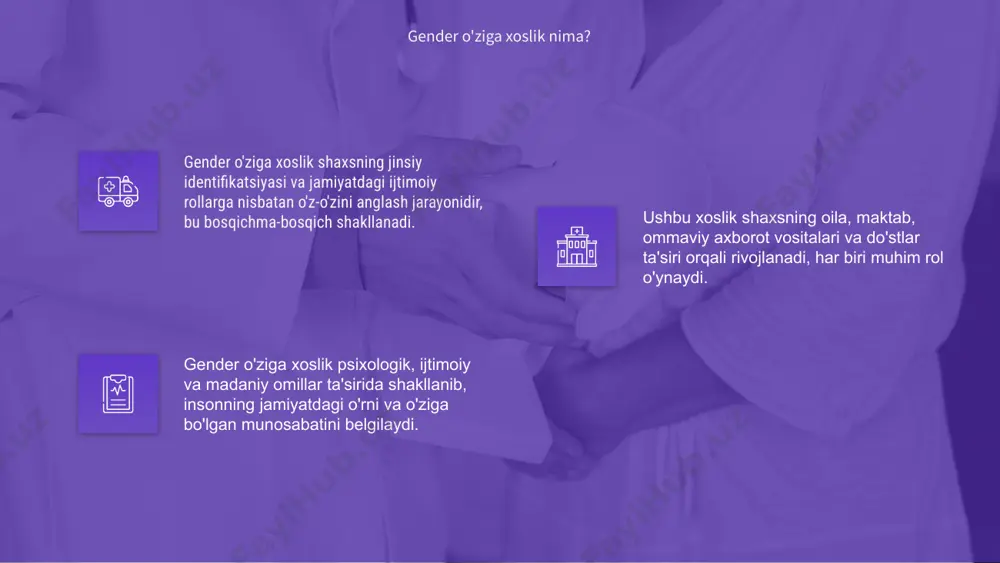 m beradi. bu jamiyatda adolat va barqarorlikni ta'minlaydi. gender tenglik va tengsizlik ta'siri gender tengsizlik esa salbiy oqibatlarga olib keladi, ayollar va erkaklar o'rtasida ijtimoiy farqlarni kuchaytiradi, imkoniyatlar tengsizligi yuzaga keladi. gender o'ziga xoslik ijtimoiy va madaniy omillar ta'sirida shakllanadi. global integratsiya bu jarayonga yangi tendensiyalarni olib kirmoqda. global omillar, jumladan, media va internet orqali genderga oid qarashlar jahon miqyosida bir xillashuvga olib kelmoqda, bu sezilarli o‘zgarishdir. lokal xususiyatlar esa genderni aniqlashda muhim rol o‘ynaydi. an’anaviy qadriyatlar va tarixiy omillar bu shakllanishga kuchli ta’sir ko‘rsatadi. global tendensiyalar va lokal xususiyatlar gender o'ziga xoslik shakllanishi jamiyat, ijtimoiy muhit va madaniyat ta'siri ostida yuz beradi. bu jarayon shaxsning shaxsiy identitetini belgilaydi. ota-ona tarbiyasi, ta'lim tizimi va ommaviy axborot vositalari orqali gender roli shakllanib, jamiyatdagi o'rni va roli belgilanadi. gender xususiyatlari rivojlanishi uzviy jarayon bo‘lib, u yosh, tajriba va muhit bilan uzviy bog‘liq bo‘lgan o‘zgaruvchi struktura hisoblanadi. 27% 27% 46% xulosa: gender o'ziga …