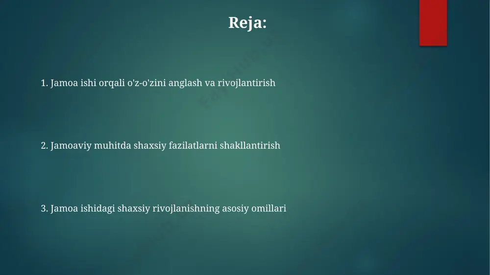 kni shakllantirishga yordam beradi. jamoada o'zaro hurmat va qo'llab-quvvatlash qo'llab-quvvatlash mexanizmlari, masalan, 5 ga yaqin o'zaro yordam guruhlari yoki mentorlik dasturlari, shaxsiy o'sish va ishonchni rivojlantirishda muhim rol o'ynaydi. jamoa ichidagi konstruktiv tanqid va fikr almashinuvi, o'rtacha 70% holatlarda, shaxsiy kamchiliklarni aniqlash va ularni bartaraf etishga yordam beradi. jamoada o'zaro hurmat 30% ga yaqin samaradorlik o'sishini ta'minlaydi, bu esa individual yutuqlarga nisbatan jamoaviy maqsadlarga erishishni tezlashtiradi. muloqot va hamkorlik ko'nikmalarini rivojlantirish jamoaviy topshiriqlarni bajarishda 80% muvaffaqiyatga erishish uchun faol tinglash va fikr almashish texnikalarini o'zlashtirish muhim ahamiyat kasb etadi. muloqot ko'nikmalarini rivojlantirishda jamoa loyihalarida kamida 3 ta turli rollarni bajarish orqali muloqot uslublarini diversifikatsiya qilishga erishiladi. hamkorlikda ishlash jarayonida 5-7 kishilik guruhlarda konfliktlarni hal qilish strategiyasini qo'llash orqali muammoga yondashuv va kompromissga kelish qobiliyati oshadi. e'tiboringiz uchun rahmat @taqdimot_robot image1.png image2.png image3.png image4.png image5.png image6.png image7.png image8.png image9.png image10.png
