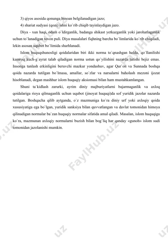 vlodi” 3. bernard dj. vayss. dux musulmanskogo prava. usul al-fikx./ per.s angl. – spb.: «izdatelstvo» «dilya», 2008. – 320. 4. l.r. syukiyaynen. «musulmanskoye pravo». m., «nauka» 1986 5. m. radjabova. shariatda jinoyat va jazo. t. “adolat”, 1996 6. u. ibn mas’ud. muxtasar. t.: 1994 7. an introduction to islamic law by joseph schacht. - oxford, 1964. - 187-b. 8. ukaz prezidenta ruz i.a.karimova “ob otmene smertnoy kazni “. narodnoye slovo 02.08.05. 9. ukaz prezidenta ruz i.a.karimova “o peredache sudam prava davat sanksiyu na zaklyucheniye pod straju”. narodnoye slovo.09.08.05. 10. o‘z.r.jinoyat kodeksi 01.04.1995. (yangi tahriri)