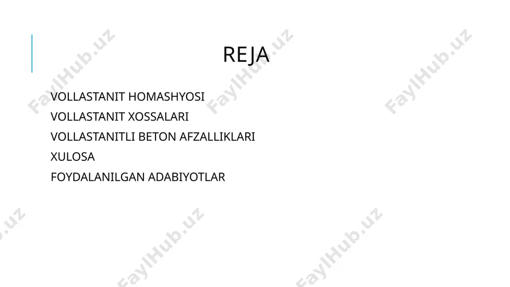 turi. vollastonit tabiiy kaltsiy-silikat (casio₃) bo'lib, betonning mexanik va fizik xossalarini yaxshilash maqsadida ishlatiladi. ushbu mineral tolali tuzilishga ega bo'lganligi sababli, uni beton aralashmalariga qo'shish bir qator afzalliklarni beradi. vollastanitli betonning afzalliklari mexanik mustahkamligini oshirish kimyoviy chidamliligini oshirish issiqqa chidamliligini oshirish atrof-muhitga foydali ta’siri xulosa xulosa qilib aytganda vollastanitli beton oddiy betonga nisbatan mustahkam bo’ladi. vollastanit betonning fizik va kimyoviy xossalarini yaxshilaydi va hamyonbop hisoblanadi. hozirgi kunda ushbu qo’shimchali betondan ham qurilishda ko’p foydalanilmoqda. foydalanilgan adabiyotlar qosimov. e “qurilish ashyolari” darslik 2004-y vikipedia.uz arxiv.uz image2.jpeg image3.png /docprops/thumbnail.jpeg