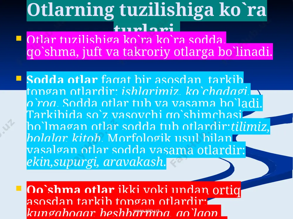 digan predmetlar yakka otlardir: daftar, ruchka, qalam. bir turdagi predmetlarning jamini bildiruvchi, o`zi alohida predmetga xos atash ma`nosini anglatmaydigan otlar to`da otlardir: xalq, el, yurt, sabzavot, meva. www.aim.uz otlarning lug`aviy shakllari otlarning lug`aviy shakllari son shakli chegara shakli (-gacha) qarshilik shakli(-niki) hurmat shakli (-xon,-oy,-jon) o`rin-joy (-dagi) kichraytirish (-cha,-choq,-chak) www.aim.uz -lar qo`shimchasini uslubiy ma`nolari: mavhum otlarga – lar qo`shimchasi qo`shilsa, ma`no kuchaytiriladi: sevinchlarim, qayg`ularim. donalab sanalmaydigan otlarga – qo`shilganda xil,nav,tur ma`nolarini anglatadi: unlar, suvlar, yog`lar. tabiyatdagi yakka jismlarga qo`shilganda ma`no kuchaytiriladi: oylar yuziga parda tortadi. www.aim.uz ismlarning munosabat shakllari kelishik shakllari bog`la- malar egalik shakllari ism asoslarga qo`shilib, ularni boshqa so`zlarga bog`lab keladi va gap bo`laklarini shakllantirishga xizmat qiladi.ismlarning munosabat shakllariga egalik,kelishik qo`shimchalari va ismlarni kesimlikka xoslovchi shakllar – man, - san, -dir qo`shimchalari, bo`lmoq, sanalmoq, hisoblanmoq kesimlik bog`lamalari kiradi. www.aim.uz egalik qo`shimchalari – ismlarga qo`shilib asos qismida ifodalangan narsaning belgisini, xususiyatini, harakat-holatini uch shaxsdan biriga qarashliligini bildirgan qo`shimchalardir. birlik ko`plik …