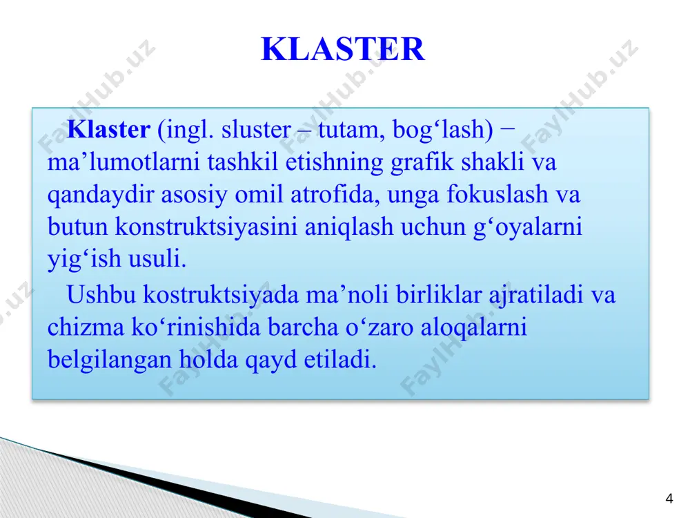 g chap tomonida “xa” (afzalliklar), oʻng tomonida esa – “yoʻq” (kamchiliklar) soʻzlarini yozing. jadvalning keyingi qatorining chap tomoniga sabablari (ha) yozish, oʻng tomoniga esa chap tomondagi fikrga qarama–qarshi fikr, gʻoya, omil va shu kabilarni yozing. “kompyuter orkali internetdan foydalanishning afzallik tomonlari va kamchiliklari” mavzusidagi t-jadval afzalliklar kamchiliklar turli xil fanlardan zarur ma’ruza matnlarini olish internetdagi turli viruslarni yukib qolishi turli adabiyotlardan foydalanish turli ma’naviyatimizga mos bulmagan saytlarning mavjudligi bir joyda turib, boshka joyda bulayotgan konferentsiyada ishtirok etish jangari filmlarni ochiq koʻrish mumkinligi (yoshdan kat’iy nazar) uzoqdagi yaqinlar bilan suhbatlashish jahonda bulayotgan yangiliklardan xabardor bulish 19 muammo yechimini topish boʻyicha mustaqil faoliyatni tashkil etish grafik tashkil etuvchilar muammoni aniqlash, tahlil qilish va yechimini topishni rejalashtirishning eng maqbul vositasi hisoblanadi: fikriy jarayonlarni tashkil etish va tahliliy ma’lumotlarni koʻrgazmali (chizma, jadval, diagramma koʻrinishida) taqdim etishni ta’minlab beradilar. «nima uchun?» sxemasi - muammoning dastlabki sababini aniqlash boʻyicha bir qator fikrlar zanjiri. 22 «nima uchun?» …