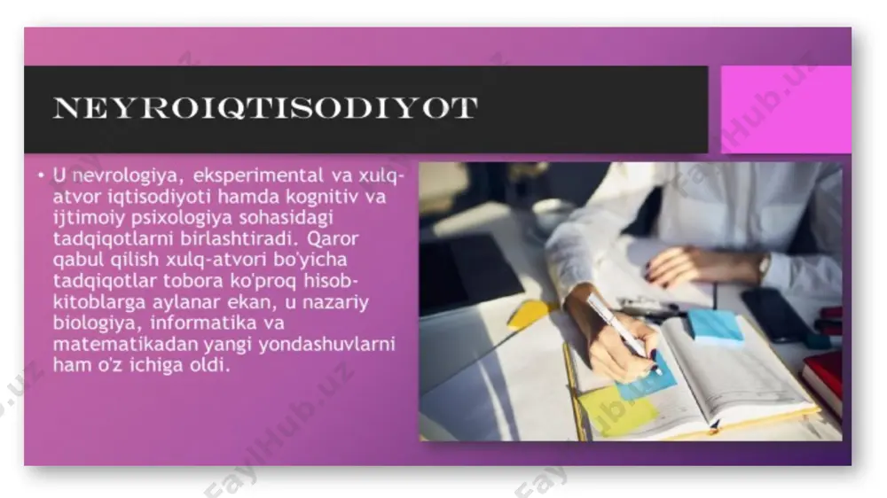 chish uchun eksperimental usullarda miyaning matematik modelining taxminini o‘rganuvchi hisoblash-nazariy yondashuv ko‘proq qo‘llaniladi. bugungi kunda miya uchun hech qanday jarrohlik operatsiyasini talab qilmaydigan funksional magnit-rezonans tomografiya (functional magnetic resonance imaging – fmri) kabi o‘lchash usullarini ishlab chiqish natijasida murakkab vazifalarni hal qilish bilan shug‘ullanadigan inson miyasining funksiyasiga kirish juda oson bo‘lib bormoqda. an’anaviy iqtisodiyotda biz qaror qabul qilish inson faoliyati iqtisodiyotining ratsionalligi ostida amalga oshiriladi deb taxmin qilamiz. shunday qilib, an’anaviy iqtisodchilar qaror qabul qilishda biologik mexanizmlarga, ya’ni ular qaror qabul qilishning nevrologiyasiga e’tibor bermaydilar. biroq, nevrologlar “gumanistik” iqtisodiy nazariyani yaratishga harakat qilishmoqda, chunki ular inson faoliyati iqtisodiyotining taxminisiz miya funksiyalari mexanizmini real iqtisodiy xatti-harakatlarga bevosita ochib beradi, deb hisoblashadi. foydali manbalar: https://en.wikipedia.org/wiki/behavioral_economics https://www.behavioraleconomics.com https://ru.wikipedia.org/wiki/поведенческая_экономика https://en.wikipedia.org/wiki/neuroeconomics file:///c:/users/user/downloads/2_abrorov_xasanboyeva++12-20.pdf file:///c:/users/user/downloads/867%20(2).pdf https://en.wikipedia.org/wiki/aleksei_gastev https://en.wikipedia.org/wiki/time_management e’tiboringiz uchun rahmat! image1.png image2.png image3.png image4.png image5.png image6.png image7.jpg image8.jpg image9.jpeg image10.jpg image11.jpg image12.png image13.jfif image14.png /docprops/thumbnail.jpeg