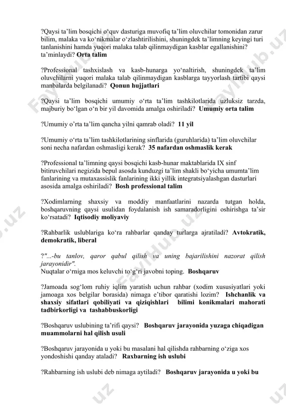obiliyatini rivojlantiradi? tayanch orta talim ?qaysi ta’lim bosqichida ta’lim oluvchilarda kasblar bo‘yicha birlamchi bilim va ko‘nikmalarni shakllantirish uchun ularni professional tashxislash va kasb-hunarga yo‘naltirish bo‘yicha choralar amalga oshiriladi. tayanch orta talim ?qaysi ta’lim bosqichi o‘quv dasturiga muvofiq ta’lim oluvchilar tomonidan zarur bilim, malaka va ko‘nikmalar o‘zlashtirilishini, shuningdek ta’limning keyingi turi tanlanishini hamda yuqori malaka talab qilinmaydigan kasblar egallanishini? ta’minlaydi? orta talim ?professional tashxislash va kasb-hunarga yo‘naltirish, shuningdek ta’lim oluvchilarni yuqori malaka talab qilinmaydigan kasblarga tayyorlash tartibi qaysi manbalarda belgilanadi? qonun hujjatlari ?qaysi ta’lim bosqichi umumiy o‘rta ta’lim tashkilotlarida uzluksiz tarzda, majburiy bo‘lgan o‘n bir yil davomida amalga oshiriladi? umumiy orta talim ?umumiy o’rta ta’lim qancha yilni qamrab oladi? 11 yil ?umumiy o‘rta ta’lim tashkilotlarining sinflarida (guruhlarida) ta’lim oluvchilar soni necha nafardan oshmasligi kerak? 35 nafardan oshmaslik kerak ?professional ta’limning qaysi bosqichi kasb-hunar maktablarida ix sinf bitiruvchilari negizida bepul asosda kunduzgi ta’lim shakli bo‘yicha umumta’lim fanlarining va mutaxassislik fanlarining ikki yillik …