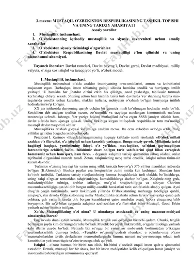 mustaqil o'zbekiston respublikasining tashkil topishi va uning tarixiy ahmiyati — DOCX