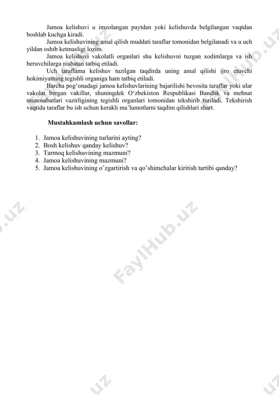 lat berilgan vakillari tomonidan imzolanadi. jamoa kelishuvlarining mazmunini taraflar belgilaydilar. jamoa kelishuvlarida: mehnatga haq to‘lash, mehnat shartlari va uni muhofaza qilish, mehnat va dam olish tartibi; narxlarning o‘zgarib borishiga, inflatsiya darajasiga, kelishuvlarda belgilab qo‘yilgan ko‘rsatkichlarning bajarilishiga qarab mehnatga haq to‘lashni tartibga solish mexanizmi; eng kam miqdori qonunchilikda nazarda tutiladigan kompensatsiya tarzidagi qo‘shimcha to‘lovlar; xodimlarning ishga joylashishiga, ularni qayta o‘qitishga ko‘maklashish; ekologiya jihatidan xavfsizlikni ta’minlash hamda ishlab chiqarishda xodimlarning sog‘lig‘ini muhofaza qilish; xodimlar hamda ularning oila a’zolarini ijtimoiy himoya qilish bo‘yicha maxsus tadbirlar; davlat korxonalarini xususiylashtirish chog‘ida xodimlarning manfaatlariga rioya qilish; nogironlar va yoshlar (shu jumladan o‘n sakkiz yoshga to‘lmagan shaxslar) mehnatidan foydalanish maqsadida ular uchun qo‘shimcha ish joylari tashkil etuvchi korxonalarga beriladigan imtiyozlar; ijtimoiy sheriklik hamda uch taraflama hamkorlikni rivojlantirish, jamoa shartnomalarini tuzishga ko‘maklashish, mehnat nizolarining oldini olish, mehnat intizomini mustahkamlash to‘g‘risidagi qoidalar nazarda tutilishi mumkin. jamoa kelishuvlarida boshqa mehnat va ijtimoiy-iqtisodiy masalalar bo‘yicha qonunchilikka zid kelmaydigan qoidalar ham bo‘lishi …