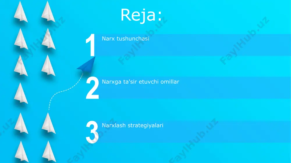 bo'lsa, kompaniyalar bozordagi narx darajasiga muvofiq narx belgilaydi. ba'zan, bozorni egallash uchun narxni 5-10 foizga arzonlashtirish mumkin. narx strategiyalari narx va raqobat narx raqobati 2 xil yo'nalishda namoyon bo'ladi: birinchisi, past narxlar bilan bozorda ustunlikka erishish, ikkinchisi, 15% foyda marjasini saqlab, mahsulot sifatini oshirish orqali. narx va raqobat narx tushunchasi narxlar inflatsiya va deflyatsiya kabi makroiqtisodiy omillarga sezgir. markaziy banklar narxlarni barqarorlashtirish uchun foiz stavkalarini o'zgartirish va pul-kredit siyosatini qo'llash kabi choralar ko'radi. narx, iqtisodiyotda, tovar yoki xizmat uchun belgilangan pul miqdori bo'lib, odatda ishlab chiqarish xarajatlari, foyda marjasi va bozor sharoitlarining kombinatsiyasini aks ettiradi. e'tiboringiz uchun rahmat @taqdimot_robot image5.jpg image6.jpg image7.jpg image8.jpg image9.jpg image10.jpg image11.jpg image12.jpg image13.jpg image1.jpeg image2.jpeg image3.jpeg image4.jpeg