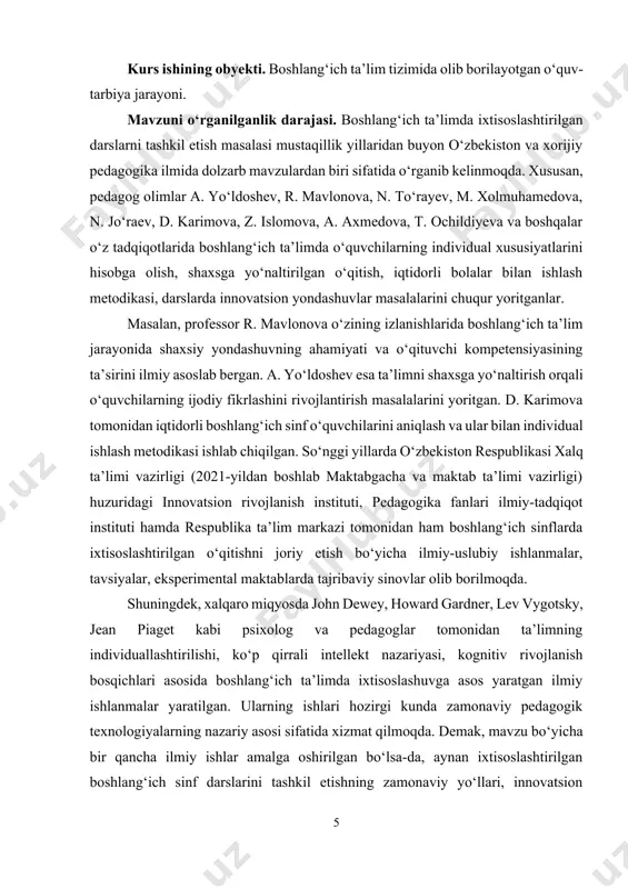 tual, qiziqish va qobiliyat xususiyatlariga mos holda tashkil etish orqali ularni ma’lum bir sohaga yo‘naltirishga qaratilgan pedagogik strategiyadir. bugungi globallashuv va raqobat kuchayib borayotgan sharoitda ta’lim tizimi oldida har bir o‘quvchining shaxsiy salohiyatini ro‘yobga chiqarish, uni zamon talablariga mos ravishda kasbga yo‘naltirish kabi dolzarb vazifalar turibdi. aynan shu maqsadda ixtisoslashtirishga asoslangan ta’lim modeli rivojlanmoqda. respublikamizda ixtisoslashtirishni rivojlantirish bo‘yicha davlat siyosati izchil olib borilmoqda. xususan, 2022-yil 28-yanvarda qabul qilingan prezidentning “2022–2026 yillarga mo‘ljallangan yangi o‘zbekistonning taraqqiyot strategiyasi to‘g‘risida”gi pf-60-sonli farmoni hamda 2022-yil 11-martdagi “iqtidorli yoshlarni aniqlash va qo‘llab-quvvatlash bo‘yicha qo‘shimcha chora-tadbirlar to‘g‘risida”gi pq–159-son qarorida ixtisoslashtirilgan ta’lim muassasalarining tarmog‘ini kengaytirish, mazkur yo‘nalishdagi sinflarni boshlang‘ich bosqichdan boshlab yo‘lga qo‘yish, pedagog kadrlar malakasini oshirishga alohida e’tibor qaratish belgilangan. bu esa ixtisoslashtirishni davlat darajasida ustuvor yo‘nalish sifatida e’tirof etilayotganini ko‘rsatadi. ixtisoslashtirilgan ta’lim – bu umumiy o‘rta ta’limning bir turi bo‘lib, o‘quvchilarning ma’lum bir fan yoki faoliyat yo‘nalishiga bo‘lgan moyilligi asosida chuqurlashtirilgan tarzda ta’lim olishiga imkon …