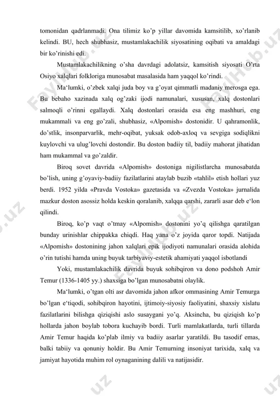 jahon afkor ommasining amir temurga bo’lgan e‘tiqodi, sohibqiron hayotini, ijtimoiy-siyosiy faoliyatini, shaxsiy xislatu fazilatlarini bilishga qiziqishi aslo susaygani yo’q. aksincha, bu qiziqish ko’p hollarda jahon boylab tobora kuchayib bordi. turli mamlakatlarda, turli tillarda amir temur haqida ko’plab ilmiy va badiiy asarlar yaratildi. bu tasodif emas, balki tabiiy va qonuniy holdir. bu amir temurning insoniyat tarixida, xalq va jamiyat hayotida muhim rol oynaganining dalili va natijasidir. biroq mamlakatimizda mustamlaka davrida, xususan, sovet hokimiyati yillarida hukmron kuchlar amir temur to’g’risida haqiqatni yozishga, uning insoniyat tarixidagi buyuk rolini haqqoniy ko’rsatishga tish-tirnoqlari bilan qarshilik ko’rsatib keldilar. oqibatda xorijiy mamlakatlarga nisbatan amir temurning o’z yurtida buyuk sohibqiron haqida oz yozildi. yozilgan taqdirda ham haqiqat ko’proq boyab-buzib ko’rsatildi. bu mavzuni xolisona yoritib, haqiqatni ochiq aytishga intilganlar esa turli shaklda ta‘qib qilindi, jazolandi. dalillar keltiramiz. birinchi dalil. dramaturg fitrat yuqorida qayd etilgan «temur sag’anasi» fojiasida amir temur obrazini xolisona ko’rsatgani uchun gunohkor qilingan edi. ikkinchi dalil. sovet …