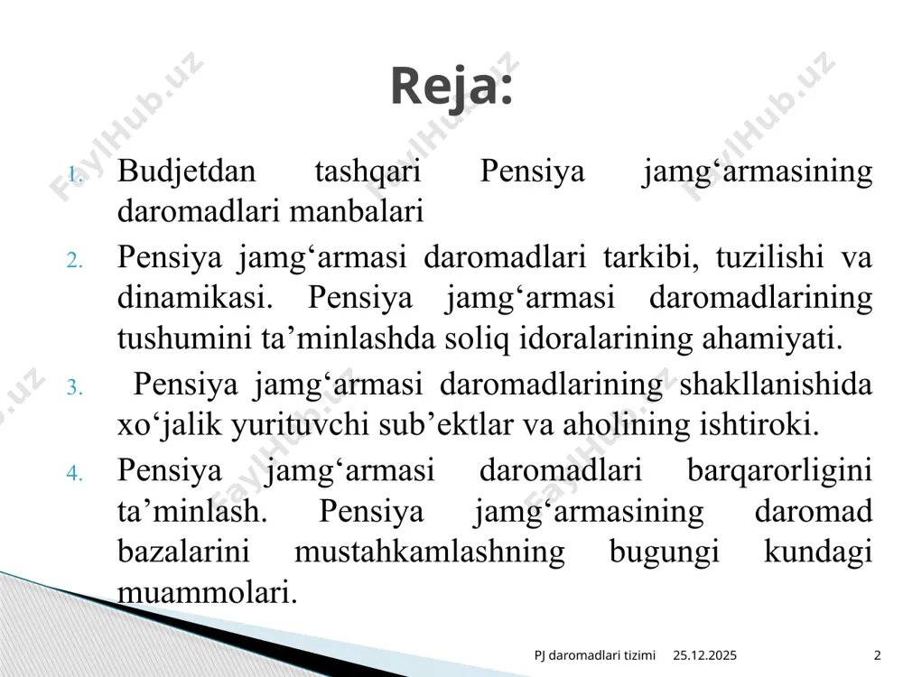moiy to‘lov stavkasi 25,0 24,0 24,0 24,0 25,0 15,0 budjetdan tashqari pensiya jamg‘armasi 24,2 23,5 23,5 23,6 24,8 14,8 ish bilan ta’minlashga ko‘maklashuvchi jamg‘arma 0,5 0,3 0,3 0,2 0,1 0,1 kasaba uyushmalari federatsiyasi kengashi 0,3 0,2 0,2 0,2 0,1 0,1 04.03.2024 pj daromadlari tizimi 6 budjetdan tashqari pensiya jamg‘armasi daromadlari tarkibi va tuzilishi ko‘rsatkichlar 2012 yil 2013 yil 2014 yil 2015 yil summa ulushi summa ulushi summa ulushi summ ulush daromadlar 8065,4 100,0 10302,1 100,0 13013,7 100,0 16557,0 100,0 yil boshiga qoldiq 280,1 3,5 602,2 8,8 1067,3 8,2 2592,0 15,7 ish haqi fondidan yagona ijtimoiy to‘lovdan tushumlar 4799,2 59,5 5907,4 51,7 7299,5 56,1 8324,2 50,3 fuqarolarning majburiy badallari 1110,2 13,8 1482,7 14,4 1877,2 14,4 2463,8 14,9 mahsulot sotish hajmidan majburiy ajratmalar 1401,5 17,4 1591,3 15,4 1933,0 14,9 2063,8 12,5 boshqa daromadlar 474,4 5,8 718,5 9,7 836,7 6,4 1113,1 6,7 budjetdan tashqari pensiya jamg‘armasining bir qator to‘lovlari pensiya jamg‘armasiga boshqa manbalardan …