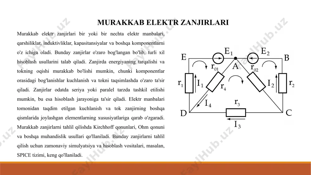 nsiya o'rtasidagi farq: induktivlik tokning o'zgarishiga qarshi turadi, kapasitansiya esa kuchlanishning o'zgarishiga qarshi turadi. murakkab zanjirlarda bu ikki xususiyat birgalikda ishlaydi va tizimning umumiy xususiyatlarini belgilaydi, masalan, filtratsiya va energiya uzatish. tezkor hisoblash usullari image2.png image3.png image4.png image5.png image6.png image7.png image8.png image9.png /docprops/thumbnail.jpeg