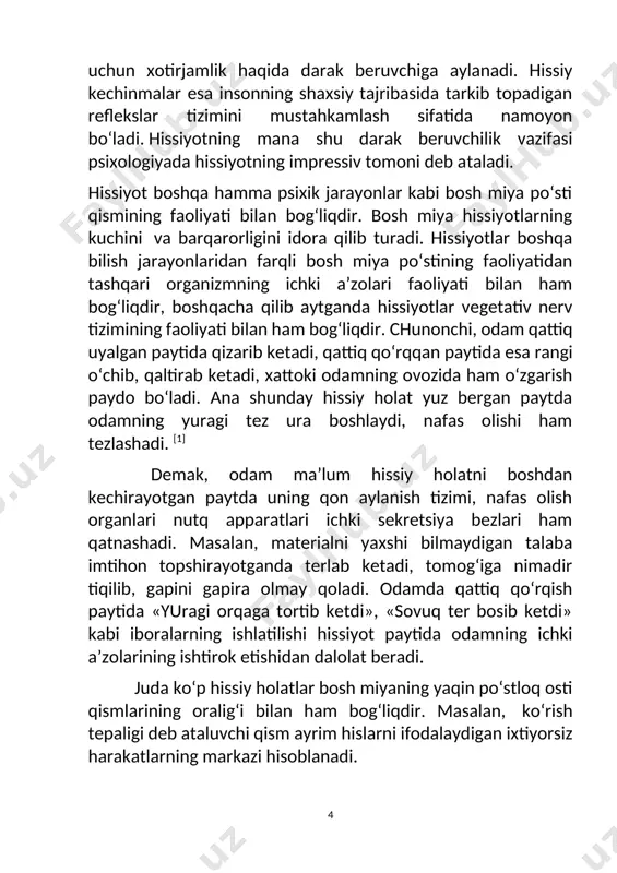issiyotning nerv-fiziologik asosi bosh miya po‘sti bilan bog‘liq. uzoq vaqt davomida psixologlar hissiyotlar tabiati haqidagi masalani echishga uringanlar. xviii-xix asrlarda ushbu muammo bo‘yicha hech qaday nuqtai nazarlar mavjud emas edi. keng tarqalgan qarashlardan hissiyotlarning organik ifodalanishlari – bu psixik hodisalarning oqibati haqidagi dalil asosida paydo bo‘lgan intellektuallashtirish nuqtai nazaridir. tasavvur fundamental psixologik dalil bo‘lib hisoblanadi, bizning hislarimiz esa turli tasavvurlar o‘rtasida o‘rnatiladigan aloqalarga mos keladi, va tasavvurlar o‘rtasidagi nizolika nisbatan ta’sirlanish sifatida ko‘rib chiqiladi, deb hisoblagan i.f. gerbart, bu nazariyaning aniq ifodasini keltirdi. v. vundt ham bu nazariyaning tarafdori edi. shunday qilib, hissiyotlarni tadqiq qilishda ular haqidagi sub’ektiv, ya’ni, hissiyotlarning psixik tabiati haqidagi fikrlar o‘z tasdig‘ini topdi, unga muvofiq psixik jarayonlar ma’lum organik o‘zgarishlarni keltirib chiqaradi. 1872 yilda ch. darvin «inson va hayvonlarda hissiyotlarning ifodalanishi» asarini chop etdi. uning fikriga ko‘ra, hayvon va odam hulq-atvori o‘rtasida umumiyliklar mavjud. o‘z fikrini u hayvonlar va odamlar turli emotsional holatlarining tashqi ifodalanishini kuzatishdan …