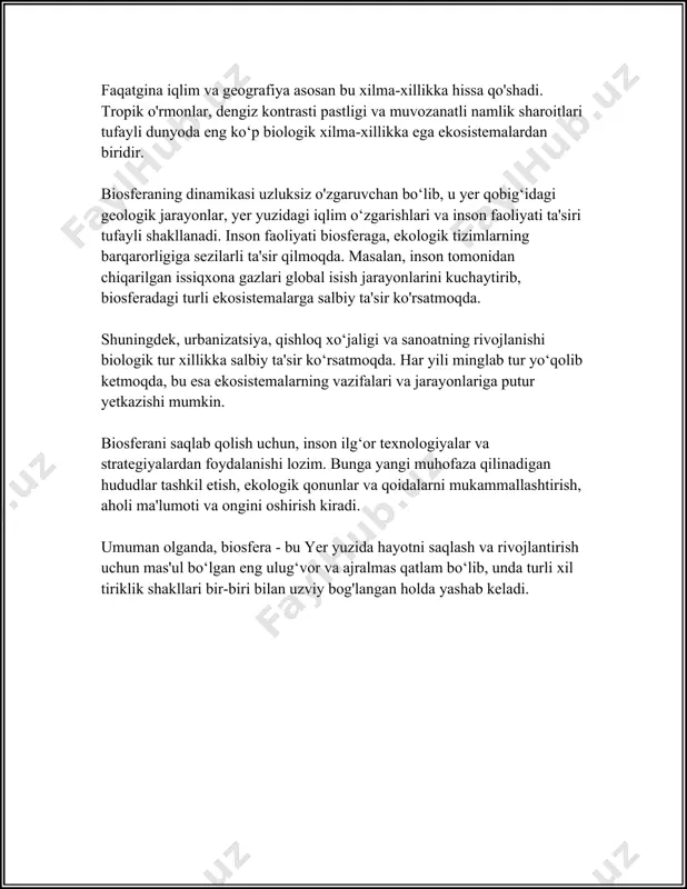 rayonlarning chuqur ma'nosini tushunish qobiliyatiga ega bo'ldik. evolyutsiya biologiyaning asosiy prinsiplaridan biri bo'lib, zamonaviy biologik ilm-fanning rivojlanishida katta ahamiyatga ega. ilmiy tadqiqotchilar evolyutsiyani o'rganishda dnk tadqiqotlari va molekulyar biologiyaga ko'p vaqt sarflab, struktura, funksiya, hamda genetik o'zgarishlarni batafsil o'rganmoqda. yangi texnologiyalar orqali inson evolyutsiyasi va umuman yerdagi hayot shakllanishidagi bosqichlarni yanada chuqurroq o'rganish imkoniyati yaratilayotir. qisqasi, evolyutsiyaning ahamiyati biologiyada va jamiyatda keng o'rin egallab, insoniyat uchun kelajakda ham dolzarb bo'lib qolmoqda. 3. noosferaning shakllanishi noosferaning shakllanishi mavzusi bugungi kunda dolzarb va keng muhokama qilinadigan masalalardan biridir. bu tushuncha ilk bor rus biolog va manfaat filialining arbobi vladimir ivanovich vernadskiy tomonidan o‘rtaga tashlangan. u noosferani, ya'ni aql-sfera, inson aql-idroki va ilm-fan yutuqlarining biosferaga ta’siri sifatida ta’riflagan. bu konsepsiya bir necha jihatlarda muhim o‘rin tutadi, chunki u bizning munosabatlarimizni, texnologik taraqqiyotimizni hamda ekologiyaga bo‘lgan ta’sirimizni chuqurroq anglash imkonini beradi. noosfera terminiga asoslangan yana bir qator muhim tushunchalar mavjud. masalan, biotexnosfera- bu inson …