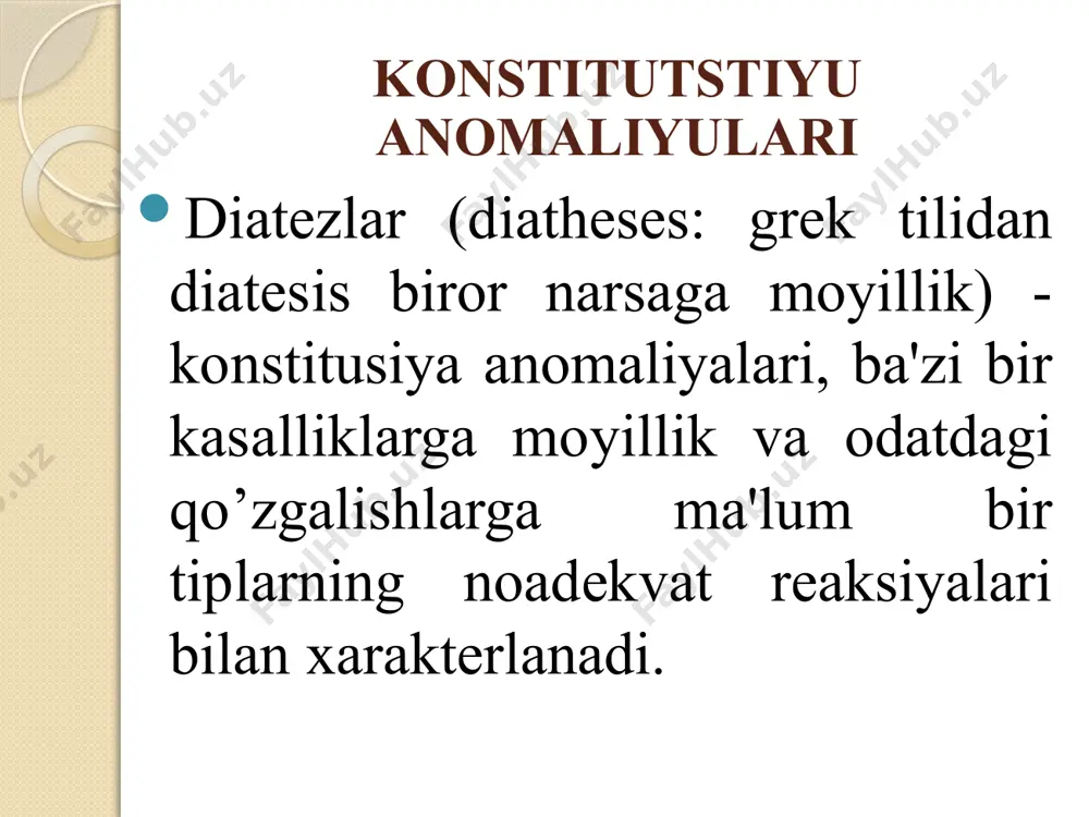 zlar bilan o’tkaziladi. экссудатив-катарал диатез давоси кун тартиби. пархез: эмизиш жадвалига қатъий риоя этиш. кўкрак ёшидаги болаларга қўшимча овқатни 6 ойдан эрта бермаслик. сигир сути чегараланади. нордон -сутли аралашмалардан фойдаланиш. гўштларни ёғли сортлари, бульон, цитрусли мевалар, банан, қулупнай, асал, помидорлар, ёнғоқ, какао, шоколад, дудланган маҳсулотлар. рационни витаминлар билан бойитиш зарур. медикаментоз даво: антигистамин препаратлари: фенистил, зиртек, супрастин. абсорбентылар– энтеросгель, смекта. оғир холатларда: гистаглобулин, синамадан кейин тавсия этилади витаминтерапия: тиамина бромид и хлорид, ретинола ацетат, кальция пангамат, аскорбин кислотаси, пиридоксина гидрохлорид, рутин, рибофлавин. уйқуни яхшилаш ва қичишишни камайтириш мақсадида: фенобарбитал, барбамил, валерианка. кальций препаратлари. mahalliy davosi. profilaktikasi teri zararlanishi bo’lgan bolalarga moychechak, moychechak damlamasi bilan vannalar, 1%li indometasin moyi buyuriladi. ekssudativ-kataral diatezning birlamchi profilaktikasi perinatal davrda olib boriladi va homilador ayollar va ko’krak yoshidagi bolalarni rasional ovqatlanishi, obligat allergenlar bilan muloqotni bartaraf qilishni o’z ichiga oladi. allergik diatez - allergik kasalliklarga moyillik bilan xarakterlanadigan konstitusiya anomaliyasi. yu.e.veltishev (1984 y) va i.m.voronsov …