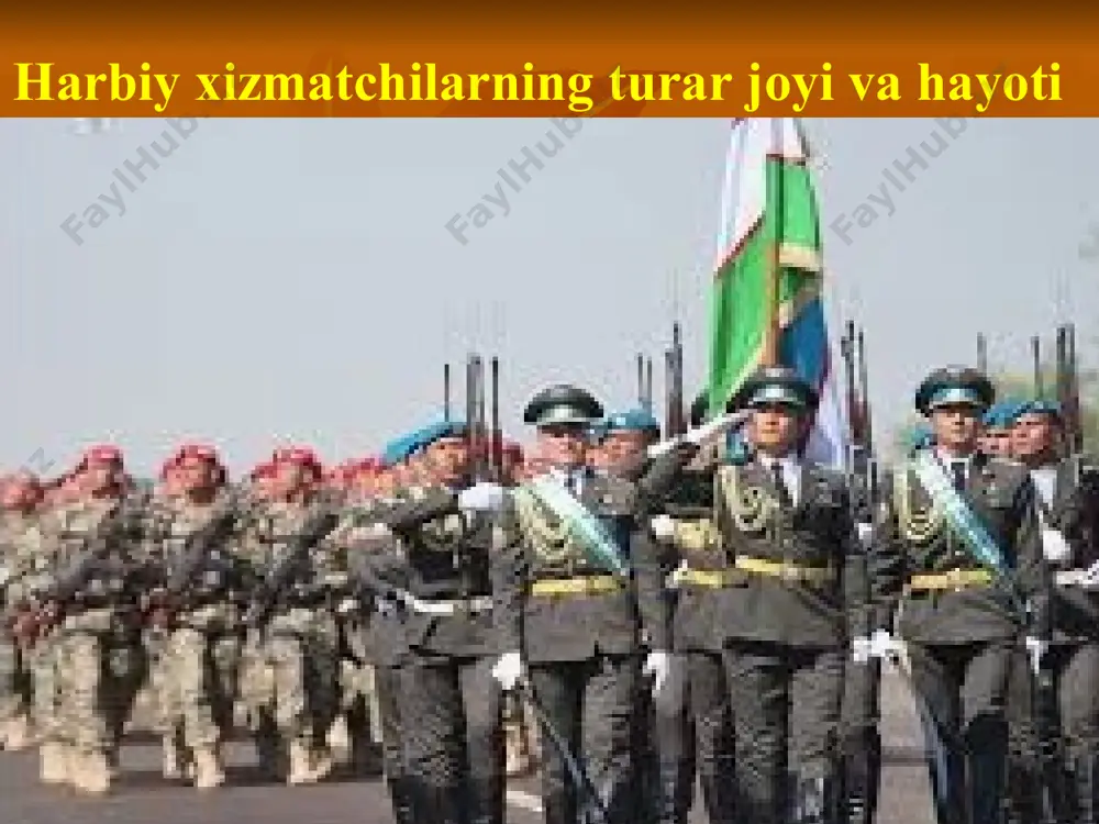 7. chekish va poyabzal tozalash joyi; 8. kiyim va oyoq kiyimiarini quritish xonalari; kazarma askar va serjantlami shoshilinch ishlarni bajarilayotganda doimiy joylashtirish uchun moijallangan bino hisoblanadi. mashg'ulotlar uchun kerakli xonalar jihozlanadi. uxlash xonalarida bitta harbiy xizmatchi uchun 2,5-4 m2 maydon va 9-12 m3 havo hajmi belgilanadi. krovatlar bir, ikki qator qilib deraza va tashqi devorlardan 0,8-1 m uzoqda joylashtiriladi. har bir harbiy xizmatchi uchun alohida krovat va yotish anjomlari majmuasi (to'shak, odeyal-ko'rpa, yostiq va jild, choyshab, sochiq) beriladi. krovatlarning hammasi bir xilda joylashtirilishi va ozoda saqlanishi kerak. tungi dam olish vaqtida harbiy xizmatchilarning kiyimlari taburetkalarda, etik va boshqa shunga o'xshash oyoq kiyimlari krovatning quyi qismi tagida ozoda holda terib qo'yilishi kerak. yashash xonalarida suv ichish favvoralari o'matilishi va suv tarqatish tarmog'i bo'lmaganda, ichimlik suvi solingan idish va krujka qo‘yilishi kerak. idishlardagi suv har kuni almashtirilishi shart; haftasiga 1 marta suv idishi va krujkalar dezinfeksiya qilinadi. yashash va xizmat xonalarida tuflagichlar …