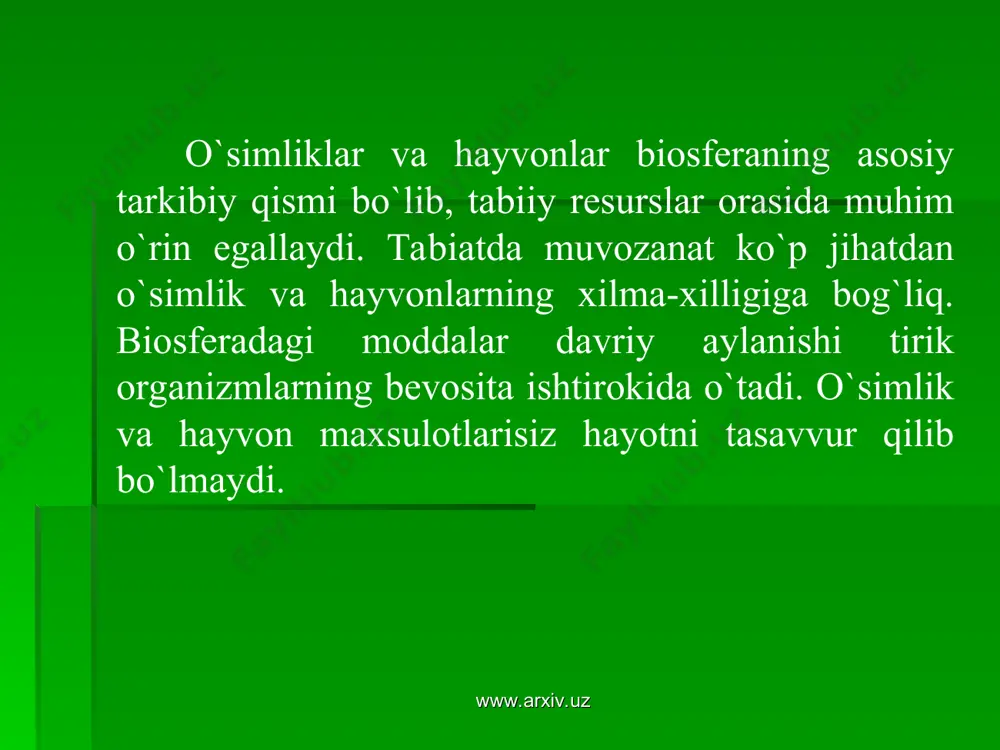 axsulotlar olinadi. o`rmonlar daryodagi suv hajmini tartibga solishda, tuproqni erroziyadan saqlashda, atmosferada balansini boshqarishda, binobarn yerdagi tirik organizmlar uchun zarur sharoitlarni yaratishda juda muhim rol o`ynaydi. o`rmonlar tabiatdagi iqlim va suv balansini boshqaruvchi omildir. o`rmon va daraxtzorlarning qishloq xo`jaligi uchun ahamiyati juda katta. ular maydonlardagi iqlimni yaxshilaydi. suv bug`lanishi kamaytiradi va hosildorlikni oshiradi. daraxtlar o`g`it va ximikatlar oqimini to`xtatadi va ulardan tuproqni tozalaydi. www.arxiv.uz www.arxiv.uz o`rmonlarning umumiy maydoni 4.1 mlrd ga yaqin. quruqlikning 33 % ni tashkil qiladi. o`zbekistonda o`rmonlar maydoni 937 ming g, lekin yerning yashil qobig`i to`xtovsiz qisqarib bormoqda. keyingi 10 ming yil ichida yer sharidagi o`rmonlarning 2/3 qismi kesib yo`qotildi. ayniqsa aholi zich yashaydigan rayonlarda. natijada 500 mlndan ortiq yerlar hosilsiz cho`lga aylandi. o`rmonlarning tartibsiz kesilishi tabiatdagi ekologik muvozanatning buzilishiga va noxush oqibatlar olib keladi. tuproq erroziyasi jarayonlari kuchayib ketdi. daryo va ko`llarda suv sathi pasaydi. ko`plab toshqinlar kuzatilmoqda. www.arxiv.uz www.arxiv.uz www.arxiv.uz www.arxiv.uz noyob va yo`qolib borayotgan …