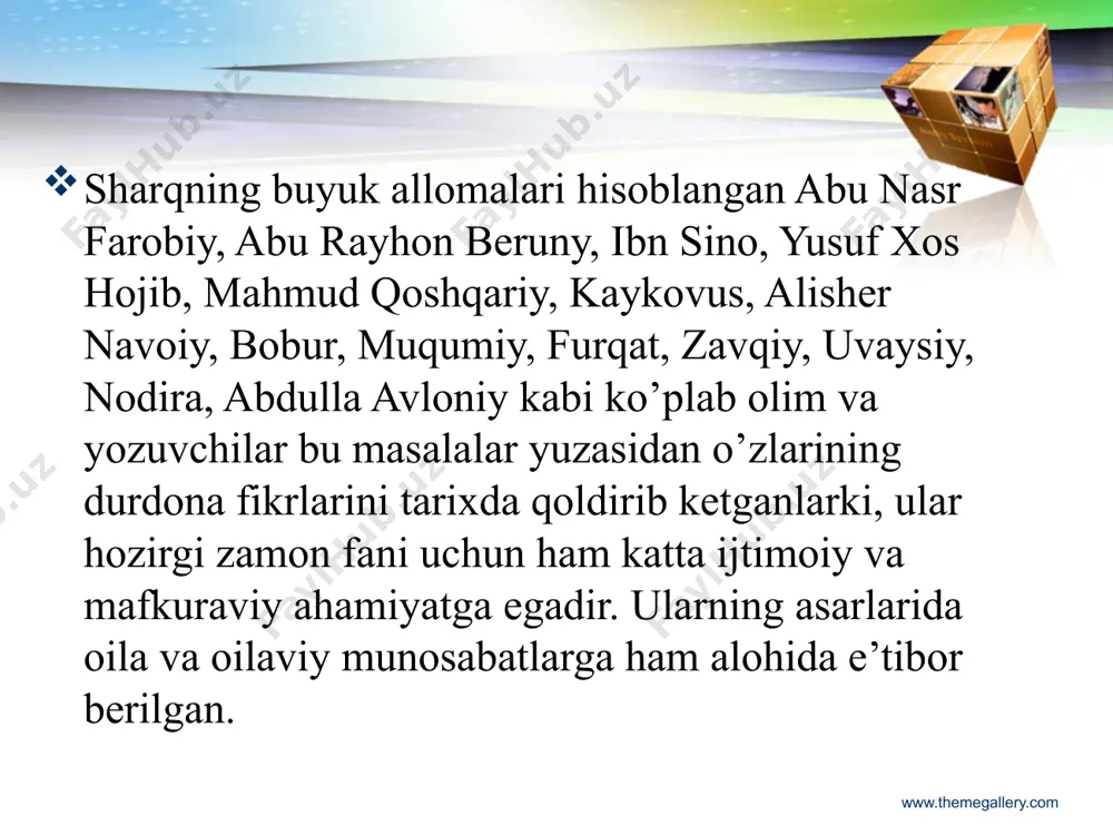 ishonch ekanligi ta‘kidlanib, er-xotinning bir-biriga xiyonati qattiq la‘natlangan, begona erkak bilan juftlashgan ayol badnom qilinib, jazolangan va nikohdagi eri uchun ―harom» hisoblangan www.themegallery.com jumladan, turmushga chiqish va uy bekasi bo’lishning besh turi ko’rsatilgan: podshoh xotin. buning ma’nosi shundaki, yigit va qiz ota- onalarining roziligi bilan turmush quradilar. bunda onalarning mavqei baland bo’ladi. ayuqxotin, ya’ni” yakkabonu “. agar yigit biron oiladagi yagona farzand – qiziga uylansa , oldindan bu xonadonni yakkalab , merosxo’rsiz qoldirmaslikga va’da beradi, yangi oilada tug’ilgan birinchi o’g’il bobosi-yu buvisining nomiga o’tkaziladi va bola ularning merosxo’ri bo’ladi. chokar xotin. avvalgi jufti halolidan ajralgan erkak yoki o’ziga yangi turmush o’rtog’i tanlaydi. zardushtiylik e’tiqodicha, er yoki xotin vafotidan so’ng oldingi jufti halolligiga nikoh sohibi hisoblanadi. binobarin, ikkinchi er yoki xotin oldingisining chokari hisoblanadi. shuningdek, er farzand ko’rish ilinjida, birinchi xotin roziligi bilan ikkinchi marotaba uylansa, ikkinchi ayol birinchisiga nisbatan “chokarxotin” hisoblanadi. o’zboshimcha xotin. zardushtiylik dini qoidasiga ko’ra, o’g’il –qizlar 21-yashor …