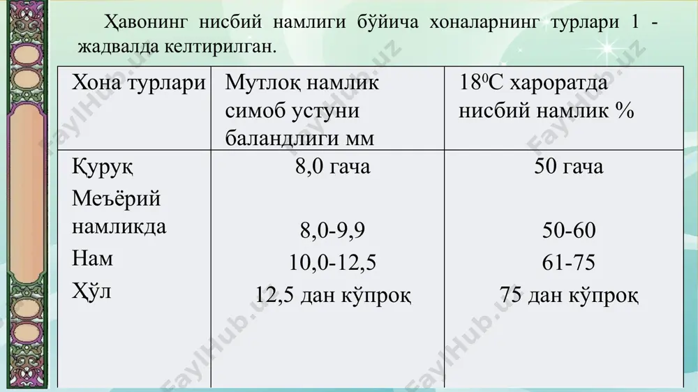 ча йиллик тезлиги бир неча йиллар давомида (камида уч йил) аслий текширув маълумотлари кўринишида аниқланади. тажавузкор муҳит таркиби бир неча газ бўлган ҳолда тажаввузкорлик даражаси тажаввузкорлиги кўпроқ бўлган газ бўйича қабул қилинади. қурилиш конструкцияларидаги коррозия жараёнларининг шиддати газли мухитнинг таъсир даражасига, ҳамда ашёнинг зичлигига боғлиқ. ғовак ашёлар коррозияга кўпроқ мойил ҳисобланади (оҳактошлар, бетонлар, ғишт ва бошқалар). зич ашёлар (металлар, табиий тош ашёлар) асосан ташқи юзасидан коррозияланади. тажавузкор газлар конструкциянинг зич ашёларига 2 см гача кириши мумкин, бетон каби ғовакли ашёларга эса 10 см гача чуқурлашиши мумкин. ашёларнинг намлиги юқори бўлганида газлар кислота ҳосил қилиши, бу эса ўз навбатида конструкцияни тез бузилишига олиб келиши мумкин. кислоталар металларга, цементли бетонларга, силикат ғиштларга ва чўкинди тоғ жинсларига нисбатан (оҳактош, доломит ва бошқалар) тажавузкор ҳисобланади. сопол буюмлар, ғишт ва суюқ шиша асосидаги бетонлар кислота таъсирига қарши коррозия барқарорлигига эга, шу билан бир вақтда улар ишқорлардан осонгина емирилади. строительные конструкции лекция №9 ўсимлик ва ҳайвон …