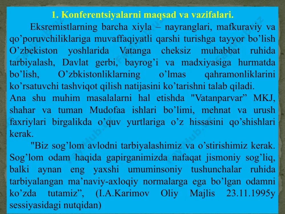ishonasizmi? o’quvchilarga quyidagicha savollar berish ham maqsadga muvofiq bo’ladi: 1. hayotimizning qaysi qirralari qahramonni tarbiyalaydi? 2. jamiyatimizni xavotirga soluvchi muammolarga ba’zi zamonaviy yoshlarning befarqligi qanday namoyon bo’ladi? 3. "vatanparvar" so’zini siz qanday tushunasiz? vatanparvarlikning belgilari nimadan iborat? tinchlik sharoitida u qanday namoyon bo’ladi? 4. vatanparvar fuqaro shaxsi shakllanishida adabiyot qanday rol o’ynaydi? kitobxonlik konferentsiyalarining asosiy, muhim belgilari – munozaralar, fikrlar to’qnashuvidir. ular urush qatnashchilarining chiqishlari, o’quvchilarning qidiruv ishlari bo’yicha axborotlari, adabiy viktorinalar, urush qatnashchilari, shoirlar she’rlarini o’qish, harbiy mavzudagi ashulalar ijro etish bilan to’ldirilsa yaxshi bo’ladi. kitobxonlar konferentsiyalari yoshlarda badiiy adabiyotga qiziqish uyg’otish, qidiruv ishlarida faol ishtirok etishga intilishni rivojlantirish, vatanimiz qahramonlik tarixini o’rganishga jalb etishi juda muhimdir. bular o’quvchilarni harbiy vatanparvarlik ruhida tarbiyalash, ularni vatanni himoya qilishga tayyorlashga yordam beradi. konferentsiya oxirida yurtdoshlarimizning ikkinchi jahon urushi va afg’on urushida ko’rsatgan qahramonliklarini hikoya qiluvchi kinofilmlar namoyish etish tavsiya etiladi. konferentsiya o’tkazishda video tasmalardan foydalanish ayni muddaodir. 3. konferentsiya rejasini ishlab …