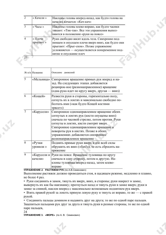 цесса отдать предпочтение именно двигательным методам, не только создающим некоторый потенциал для будущей работы, но и активизирующим, восстанавливающим и выстраивающим взаимодействия между различными уровнями психической деятельности. ведь очевидно, что актуализация и закрепление любых телесных навыков предполагает востребованность извне к таким психическим функциям, как, например, эмоции, восприятие, память, процессы саморегуляции и т. д. следовательно, создается базовая предпосылка для полноценного участия этих процессов в овладении чтением, письмом, математическими знаниями. упражнение 1. разминка (по а. в. семенович) упражнения выполняются стоя по 4-6 раз каждое. эффективно «озвучивание», проговаривание соответствующих движений («тик-так», «у-у-у — полетели» и т. п.). № п/п название описание движений 1 «потягу гики» руки подняты вверх. смотрим на кончики пальцев. вслед за руками тянемся головой вверх, напрягая мышцы шеи 2 « качели » наклоны головы вперед-назад, как будто голова на качелях качается: «кач-кач» 3 « часы » наклоны головы влево-вправо, как будто часики тикают: «тик-так». все эти упражнения выполняются в положении «руки …