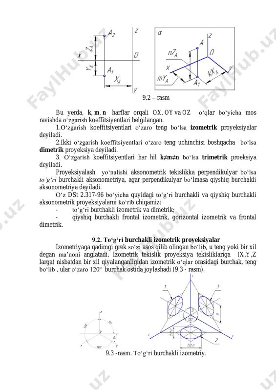 - qiyshiq burchakli frontal izometrik, gorizontal izometrik va frontal dimetrik. 9.2. tо‘g‘ri burchakli izometrik proyeksiyalar izometriyaga qadimgi grek sо„zi asos qilib olingan bо„lib, u teng yoki bir xil degan ma‟noni anglatadi. izometrik tekislik proyeksiya tekisliklariga (x,y,z larga) nisbatdan bir xil qiyalanganligidan izometrik о„qlar orasidagi burchak, teng bо„lib , ular о„zaro 120º burchak ostida joylashadi (9.3 - rasm). 9.3 -rasm. tо„g„ri burchakli izometriy. izometrik о„qlarni amalda 9.4 -rasmda kо„rsatilgandek reyshina uchburchaklik (30º, 60º burchakli) yordamida о„tkaziladi. shu о„qlarni sirkul yordamida ham о„tkazish mumkin. 9.4-rasm 9.5 –rasm tо„g„ri burchakli izometrik proyeksiyalarda о„qlar bо„yicha qо„yiladigan о„lchamlar bir hilda ya‟ni 0.82 marta о„zgaradi. lekin bu xaqiqiy о„zgarish koeffitsiyenti bо„yicha izometrik proyeksiyani yasashda bir muncha hisoblar qilishga tо„g„ri keladi. shuning uchun о„qlar bо„yicha о„zgarish koeffitsiyentlari a=b=c=1 deb olinadi. buni keltirilgan о„zgarish koeffitsiyentlari deyiladi. muntazam beshburchakning izometrik proyeksiyasini quramiz (9.5- rasm). soddalashtirish maqsadida h,v,w proyeksiyalar tekisligida joylashgan beshburchak olamiz. u holda beshburchakning uchlaridan birining koordinatasi nolga …