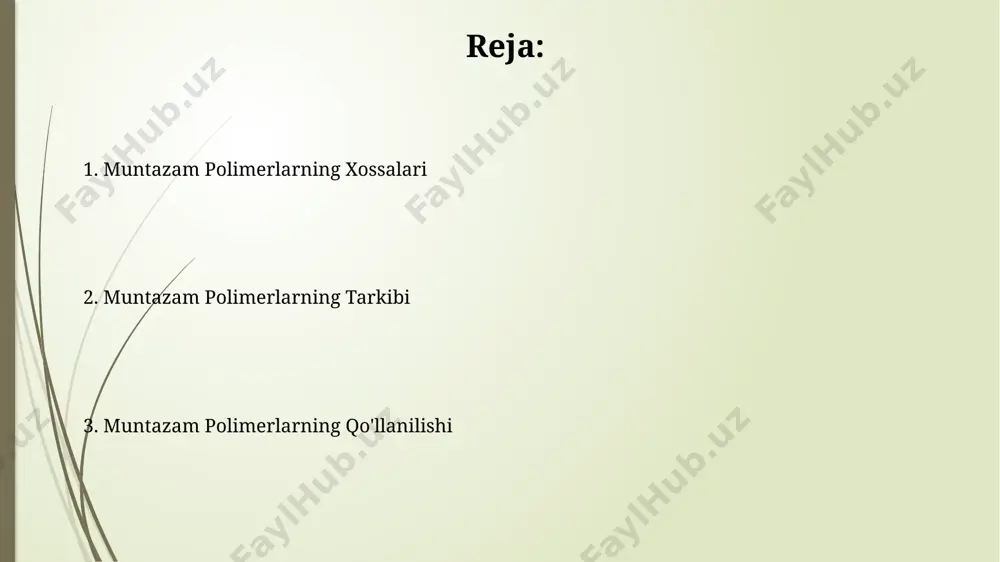 xanik mustahkamligi va boshqa fizik-kimyoviy xossalariga, masalan, eruvchanligiga ta'sir qiladi. polimerlarning asosiy zanjiri takrorlanuvchi monomer birliklaridan, masalan, polietilenda -ch2-ch2- birliklarining 1000 dan ortiq takrorlanishidan tashkil topadi. fizikaviy xossalari ko'pgina muntazam polimerlarning erish nuqtasi 100°c dan yuqori bo'lib, ularning issiqlikka chidamliligini belgilaydi. ularning issiqlik sig'imi ham har xil bo'ladi. muntazam polimerlarning zichligi odatda 0,9 dan 2,2 g/sm³ gacha o'zgaradi va ularning molekulyar massasi va kimyoviy tuzilishiga bog'liq. kimyoviy xossalari oddiy polimerlarning erish harorati ularning molekulyar massasi va zanjir tuzilishiga bog'liq bo'lib, odatda 100°c dan 400°c gacha oralig'ida o'zgaradi. ko'pgina regular polimerlarning zichligi 0,9 dan 2,2 g/sm³ gacha oralig'ida bo'lib, bu ularning kimyoviy tarkibi va kristallanalish darajasiga bog'liq. kelajakdagi tadqiqotlar yana bir istiqbolli yo'nalish – turli xil funktsional guruhlarga ega bo'lgan, 5 dan ortiq monomer birliklaridan tashkil topgan regular polimerlarni o'rganish. regular polimerlarning mexanik xossalarini 20% ga yaxshilashga qaratilgan tadqiqotlar, masalan, yana ham yuqori tortish kuchiga ega bo'lgan yangi materiallarni yaratishga qaratilgan …