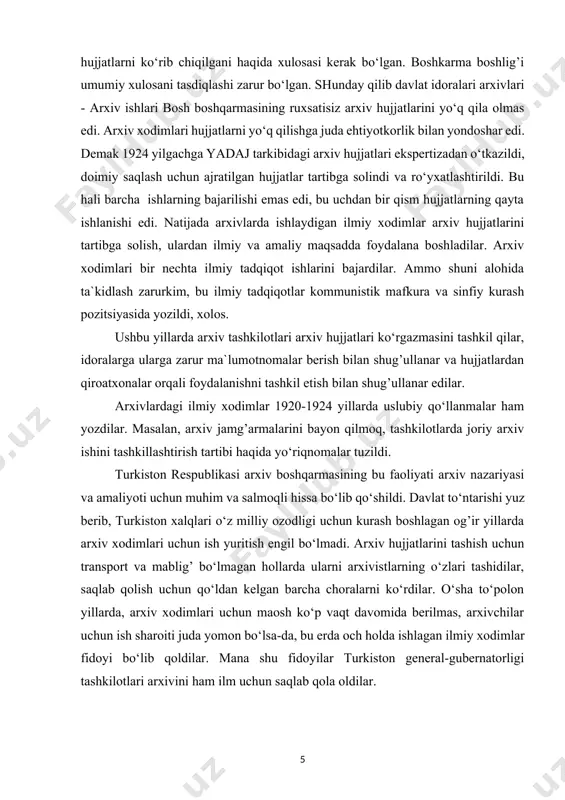 ‘lib qo‘shildi. davlat to‘ntarishi yuz berib, turkiston xalqlari o‘z milliy ozodligi uchun kurash boshlagan og’ir yillarda arxiv xodimlari uchun ish yuritish engil bo‘lmadi. arxiv hujjatlarini tashish uchun transport va mablig’ bo‘lmagan hollarda ularni arxivistlarning o‘zlari tashidilar, saqlab qolish uchun qo‘ldan kelgan barcha choralarni ko‘rdilar. o‘sha to‘polon yillarda, arxiv xodimlari uchun maosh ko‘p vaqt davomida berilmas, arxivchilar uchun ish sharoiti juda yomon bo‘lsa-da, bu erda och holda ishlagan ilmiy xodimlar fidoyi bo‘lib qoldilar. mana shu fidoyilar turkiston general-gubernatorligi tashkilotlari arxivini ham ilm uchun saqlab qola oldilar. turkiston general-gubernatorligining siyosiy-ma’muriy boshqaruv tizimi. bosib olingan hududlarda imperiya hukmronligini o'rnatish, mustahkam o'rnashib olish, istilo qilingan joylarni qo'ldan chiqarmaslik uchun, eng avvalo, mustamlakachilar o'zlariga mos boshqaruv tartiblari -ni ishlab chiqishi va uni o'lkada joriy qilishi kerak edi. mustamlakachilik siyosatining to'liq amalga oshirilishida boshqaruv tartiblari asosiy tayanch hisoblangan. boshqaruv tartiblari istilochilik yurishlari bilan birga turli ko'rinishlarda tashkil qilinib, tajribasinovlardan o'tkazilgan holda o'zgartirib borilgan. rossiya imperiyasining o'rta …