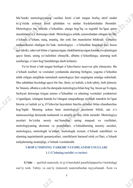 0– 100 kg/sm2va hajmiy ogʻirligi 1000– 1400 kg/m3boʻlgan gʻ.lar imoratlarning yuk koʻtaruvchi devorlarini tiklashda qoʻllanadi. siqilishga mustahkamlik chegarasi 35–50 kg/sm2va hajmiy ogʻirligi 700–1000 kg/m3boʻlgan yengil gʻ.lar oddiy devorlarda, issiq — sovuqni oʻtkazmaydigan (izolyatsi-on) material sifatida hamda sinchli binolarda sinchlar orasini toʻldirishda ishlatiladi. hajmiy ogʻirligi 500–700 kg/m3va mustahkamlik chegarasi past (6–15 kg/sm2) boʻlgan gʻ.lar qozon, quvur va pechlarga qoplash uchun qoʻllanadi. gʻ.larning kovakli, koʻp teshikli, kislotaga, oʻtga chidamli maxsus xillari mavjud. silikat gʻ.lar ham ishlab chiqariladi. silikat gʻ. tayyorlash uchun kvars qumi (92—95%), ohak (5—8%) va suv aralashmasidan iborat massa yuqori bosim va temperatura ostida avtoklavlarda qotiriladi. silikat gʻ. sargʻish kulrang koʻrinishda boʻladi. uning hajmiy ogʻirligi 1700– 1900 kg/m\ bunday gʻ.lar fuqaro va sanoat binolarining yuk koʻtaruvchi devorlari va ustunlarini tiklashda ishlatiladi. silikat gʻ.lar namga, yuqori temperatura (500° dan ortiq) ga uncha chidamli boʻlmagani uchun pech va moʻrilarda, poydevor va sokollarda ishlatilmaydi. qad. oʻzbek milliy meʼmorligida kvadrat shaklidagi (24x24x5 sm) "mu-sulmon" …