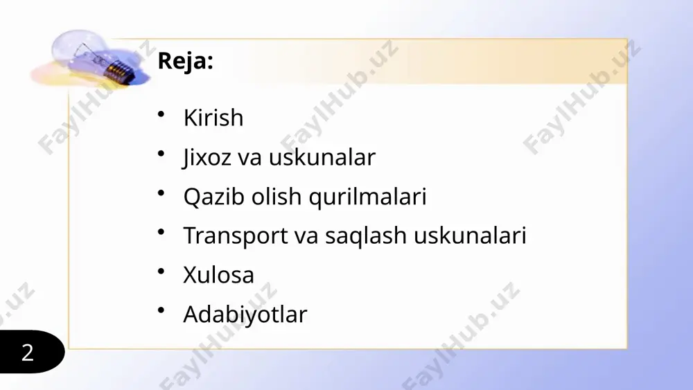 noatning asosiy maqsadlaridan biridir. 7 7 qayta ishlash uskunalari qayta ishlash uskunalari neft va gazni texnologik jarayonlar orqali foydali mahsulotlarga aylantirish uchun ishlatiladi. masalan, distillatsiya kolonkalari, reaktorlar, issiqlik almashinuvi tizimlari va separatorlar. distillatsiya kolonkalari neftni fraksiyalarga ajratish uchun ishlatiladi, reaktorlar esa katalitik jarayonlarni o‘tkazadi. bu uskunalar jarayonning yuqori aniqlik bilan amalga oshishini ta’minlaydi va mahsulotning sifatini oshiradi. 8 8 9 transport va saqlash uskunalari neft va gaz mahsulotlarini transport qilish va saqlash uchun maxsus uskunalar qo‘llaniladi. masalan, quvurlar tizimi, rezervuarlar, tankerlar va temir yo‘l sisternalari. quvurlar tizimi uzoq masofalarga neft va gazni uzatishda eng samarali usul hisoblanadi. rezervuarlar esa mahsulotni xavfsiz saqlashni ta’minlaydi. ushbu uskunalar yuqori bosim, past harorat va korroziyaga chidamli materiallardan yasaladi. 10 10 xulosa neft va gaz sanoatida jihoz va uskunalarning sinflanishi ularning samaradorligini oshirish va jarayonlarni optimallashtirish uchun muhimdir. yangi texnologiyalar va materiallar asosida ishlab chiqilgan uskunalar energiya samaradorligi va ekologik xavfsizlikni ta’minlaydi. kelajakda sun’iy intellekt …