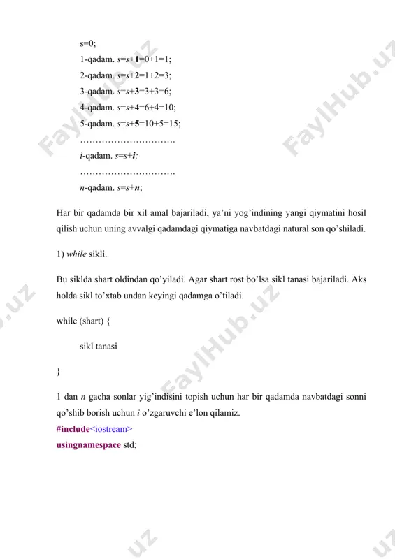 rga oshiramiz(cnt++). siklni continue operatori bilan quyidagi shaklda ham yozish mumkin: for (int i = a; i <= b; i++) { sum += i; if (i % n==0) continue; cnt++; } bu shaklda yozilganda sum += i hamisha bajariladi. agar n %i==0 shart bajarilsa u holda siklning navbatdagi iteratsiyasiga o’tiladi. ya’ni bizga n ga bo’linmaydigan sonlar soni kerak. agar n %i==0 shart bajarilmasa, u holda sikl tanasining navbatdagi amali ya’ni cnt++ bajarilib bo’linmaydigan sonlar soni birga oshiriladi. adabiyotlar: 1. k.p.abduraxmanov, o’.egamov “fizika kursi” darsligi, toshkent.: aloqachi 2013 y. 2. k.p.abduraxmanov, o’.egamov “fizika kursi” darslik, toshkent, “o’quv ta’lim metodikasi” 2015 y. 3. савельев и. в. курс физики. м.: наука 1989 т. 1 4. савельев и. в. курс физики. м.: наука 1989 т. 2 5. савельев и. в. курс физики. м.: наука 1989 т. 3 6. савельев и. в. сборник вопросов и задач по общей физике. м.: аст. астрель. 2005. с.320. 7. …