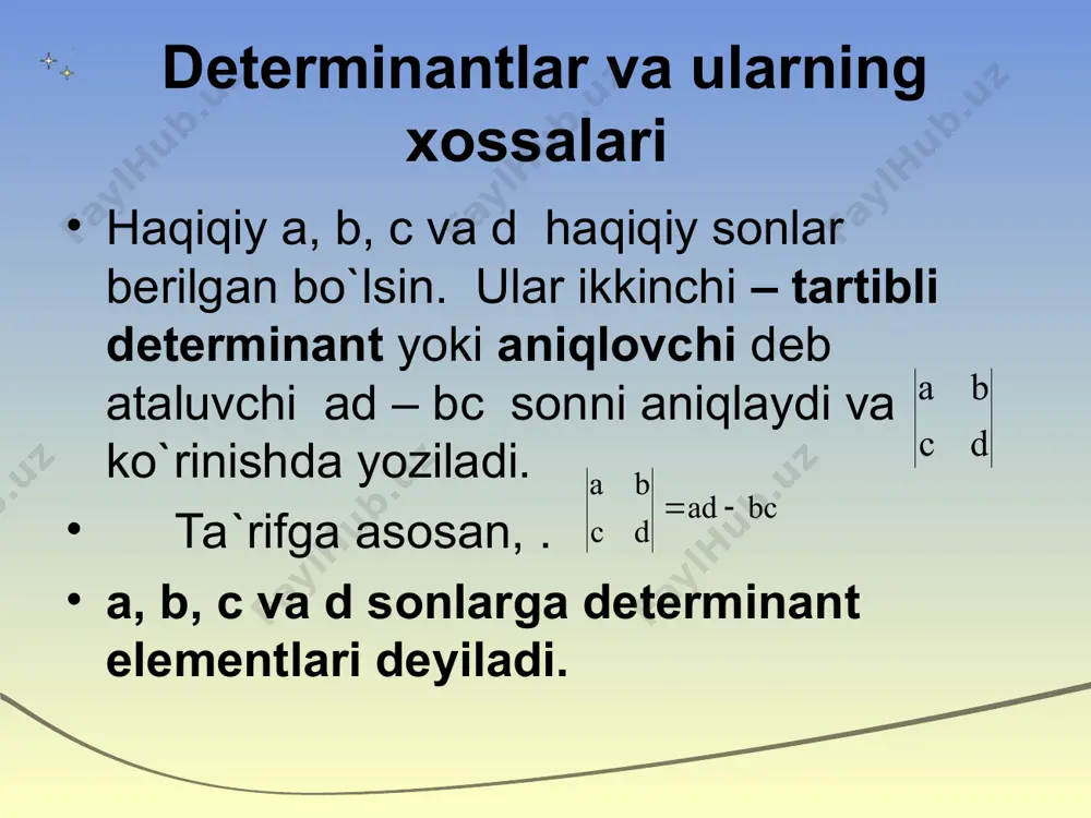 stun elementi bo`lib, ularning kesishmasida joylashgan. uchinchi-tartibli determinantda ham satr va ustunlar, bosh va ikkilamchi diagonallar bir-biridan farqlaniladi. (1) standart ifoda sodda tuzilishga ega. aik elementlar bo`yicha hisoblanadigan δ yig`indini sarryus qoidasi yordamida tuzish mumkin. determinant ustunlariga o`ngdan birinchi va ikkinchi ustunlarini ko`chirib yozib, kengaytirilgan jadval tuzamiz: - - - + + + bosh diagonal yo`nalishida joylashgan elementlar ko`paytirilib mus-bat ishora bilan, ikkilamchi diagonal yo`nalishidagi elementlar ko`pay-tirilib manfiy ishora bilan olinsa, (1) yig`indi hosil bo`ladi. δ yig`indi uchburchaklar usulida ham tuzilishi mumkin: oldidagi ishorasi bilan birga har bir ko`paytma determinantning hadi deyiladi. har bir ko`paytma determinantning har bir satri va ustuni element – vakillaridan tarkib topgan. (1) ifodaning standart deyilishiga sabab, uning har bir hadida ko`paytuvchi elementlar birinchi indeks - satr nomerining o`sish tartibida joylashtirilgan. ikkinchi indeks ustun nomerlari esa quyidagi tartibda joylashgan: (2) (3) (2) va (3) 1, 2 va 3 sonlarining o`rin almashtirishlaridir. (1, 2, 3) tartiblangan o`rin …