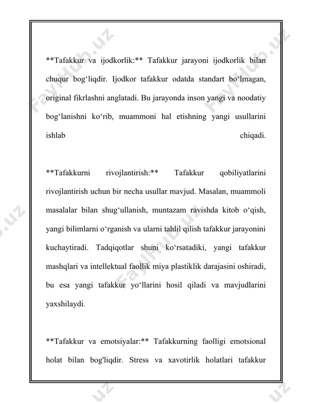 ishda insonlar ko'pincha abstrakt tafakkurdan foydalanadi. masalan, matematik tenglamalarni tushunish va ular bilan ishlashda bu tafakkur turi muhim rol o'ynaydi. 2. **konkret tafakkur**: konkret tafakkur real ob'yektlar va vaziyatlar bilan ishlaydi. bolalar, odatda, rivojlanishining dastlabki bosqichlarida konkret tafakkurdan foydalanadilar. masalan, ular qo'g'irchoqlar yoki o'yinchoqlar bilan o'ynaganda, o'z tajribalaridan foydalanishadi. 3. **kreativ tafakkur**: kreativ tafakkur yangi g'oyalar va echimlar yaratishni o'z ichiga oladi. bu tafakkur turi odatda san'atkorlar, yozuvchilar va boshqa ijodkor shaxslarda yuqori rivojlangan bo'ladi. kreativ tafakkur orqali insonlar yangi kashfiyotlar, san'at asarlari va texnologiyalar yaratadilar. 4. **kritik tafakkur**: kritik tafakkur tahlil qilish, baholash va tanqidiy yondashuv orqali tashqi ma'lumotlarni qayta ko'rib chiqishdir. bu tafakkur turi qaror qabul qilish jarayonida muhim bo'lib, insonlar ma'lumotlarga tanqidiy yondashib, ularning barda sifat asosida baholab ketadilar. 5. **ilmiy tafakkur**: ilmiy tafakkur tadqiqot va eksperimentlar orqali yangi bilimlarni tadqiq qiladi. olimlar va tadqiqotchilar ilmiy tafakkurdan keng ko'lamda foydalanadilar. bu tafakkur turi mantiqiy va strukturaviy yondashuv …