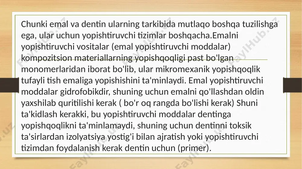 i, bu gibrid deb ataladi. ushbu tizimlarning asosiy kamchiliklari - bu foydalanishning murakkabligi, chunki barcha kerakli komponentlar (ularning uchtasi bor) aniq nisbatda aralashtirilishi kerak. aynan shu noaniqliklar tufayli ushbu tizimlardan foydalanishda muammolar yuzaga keldi.aytganimizdek, ushbu yopishqoq tizimlar uchta komponentni o'z ichiga oladi:1) konditsioner (emal va dentinni kuydirish uchun jel shaklidagi fosforik kislota);2) primer (nam dentinga kirib, uni to'yingan va gibrid qatlam hosil qiladigan gidrofil past molekulyar birikmalar aralashmasi);3) emaye yopishtiruvchi tizim (kompozitsiyani gibrid qatlam va tish emali bilan biriktirilishini ta'minlaydigan to'ldirilmagan qatron). 4-avlod 1-turdagi yopishqoq tizimlar bilan ishlash bosqichlari: faqat emalni maydalashni ta'minlaydi. emal sirtini 20-30 soniya davomida gellerining bir qismi bo'lgan 37% fosforik kislota bilan ishlov berish; 20-30 soniya davomida oqadigan suv oqimi bilan jelni olib tashlash (siz qancha soniya davomida yuvib tashlashingiz kerak bo'lsa). emalni quritish va qirg'in qilish sifatini nazorat qilish (o'yilgan emal mat soyaga ega); aplikator yordamida kariyes bo'shlig'ining dentiniga primer surtish (ta'sir qilish 10 soniya); …