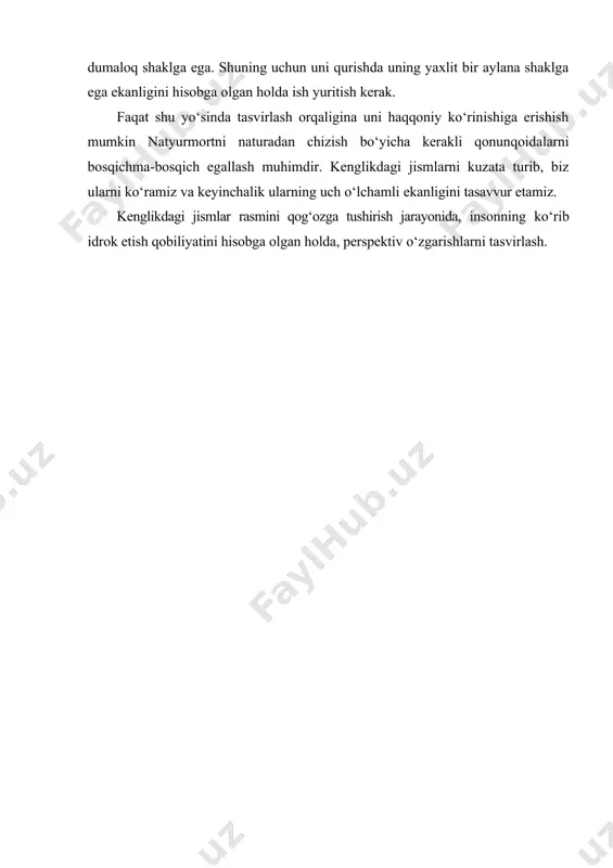 agi har bir jism boshqalariga bog‘liq bo‘lishi kerak. shunda bitta rasmda bir necha tuzilish tarxlari namoyon bo‘ladi: to‘g‘ri parallel chiziqlarning har qaysisi o‘z birlashish nuqtasiga ega, turli burchaklar bo‘yicha aylanuvchi shakllar uchun esa aylana chizishning o‘ziga xos uslublari mavjud. ma’lum bir nuqtada tutashuvchi ikkita parallel chiziq yo‘nalishi rasmning qay darajada to‘g‘ri ishlanayotganligini tahlil va nazorat qilish imkonini beradi. ushbu bosqichda chiziqlar tasvirdagi jism shaklining to‘laligi va hajmliligini ko‘rsata olishi kerak. jismning shakli va hajmini yanada to’liqroq ko‘rsatish uchun yorug’ - soyadan foydalaniladi. geometrik shakllar guruhini chizishni yaxshi egallash uchun, bunday vazifalarni ko‘proq ishlash tavsiya etiladi. bunda asosiy e’tibor shakllarning konstruktiv tahlili va perspektiv ko‘rinishiga qaratiladi. perspektivadagi jismlarning tuzilishi va shaklini tasvirlashning o‘ziga xos tarafi shundaki, bunda asosning gorizontal yuzasi, masalan, vertikal holatdagi kub yoki kvadratning asosi rasmda ham gorizontal bo’lib ko‘rinishi kerak. shuningdek, naturada asosi bir gorizontal tekislikda yotuvchi jismlar rasmda ham xuddi shunday tekislikda yotgandek ko‘rinishi kerak. ushbu holatda …
