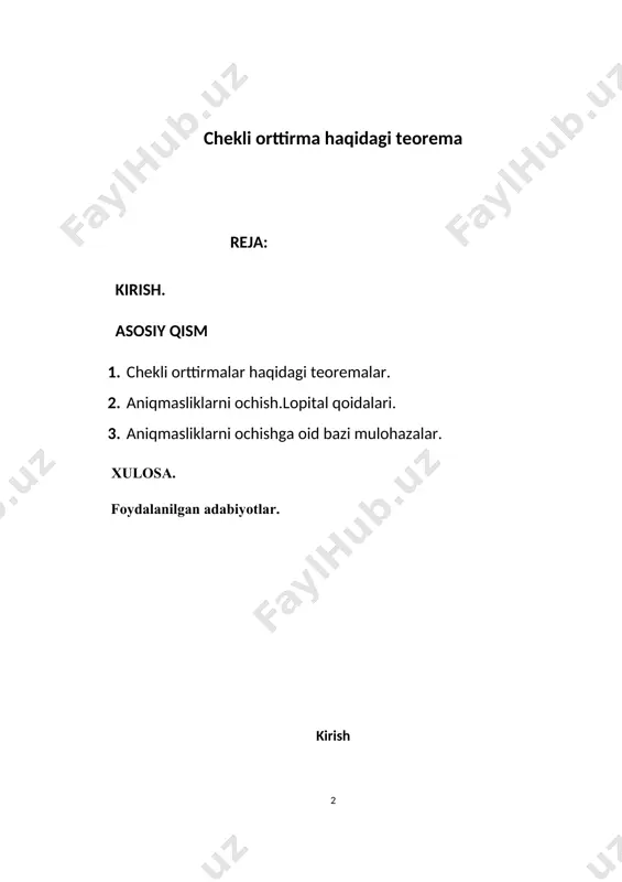 katta qismini ishlab chiqqan. hosilalar koʻp maqsadlarda ishlatilinadi. hosilada funksiyaning turli qiymatlarida oʻzgarish tezligini oʻrganishda keng qoʻllaniladi. yana hosilalar yordamida optimizatsiya masalalari yechiladi. bunday masalalarda berilgan funksiyaning maksimum yoki minimum qiymatlari topiladi. optimizatsiya masalalari iqtisod fanida juda keng ishlatiladi. differensial va integral hisob bir-biri bilan chambarchas bogʻliq. integrallar egri chiziq ostidagi yuzani va tekislik ostidagi hajmni hisoblashda qoʻl keladi. chekli orttirmalar haqidagi teoremalar matematik analiz kursida o‘rganiladigan asosiy va amaliy masalalarni yechishda katta ahamiyatga ega bo‘lgan funksiyalar sinflaridan (to‘plamlaridan) biri-bu uzluksiz funksiyalar sinfi hisoblanadi. oldingi bobda biz differensiallanuvchi funksiyalar sinfi uzluksiz funksiyalar sinfining qismi bo‘lishini ko‘rsatgan edik. differensiallanuvchi funksiyalar o‘ziga xos ahamiyatga ega, chunki ko‘pgina tatbiqiy masalalarni yechish hosilasi mavjud funksiyalarni o‘rganishga keltiriladi. bunday funksiyalar ba’zi bir umumiy xossalarga ega. bu xossalar ichida chekli orttirmalar haqidagi teoremalar nomi bilan birlashgan teoremalar alohida ahamiyatga ega. ushbu teoremalar [a;b] kesmada o‘rganilayotgan funksiya uchun u yoki bu xossaga ega bo‘lgan [a;b] kesmaga tegishli …