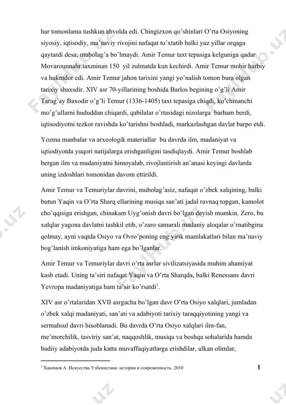 si bir amir biron mamlakatni fath etsa, yo g‘anim lashkarini yengsa, uni uch narsa bilan mumtoz qilsinlar: (bular) faxrli xitob, tug‘ va nog‘ora berib, uni bahodir deb atasinlar”[footnoteref:3]. [3: amir temur. «temur tuzuklari». 2 ] mazkur manbaning yana bir bo‘limi amir temurning xalq cholg‘u asboblariga bo‘lgan munosabatini yaqqol namoyon qiladi: ‘‘...amr qildimki, o‘n ikki katta amirlarning har biriga bitta bayroq (alam) va bir nog‘ora berilsin, amir ul-umaroga bayroq va nog‘ora, tuman tug‘ va chortug‘ taqdim etsinlar. mingboshiga esa bir tug‘ va karnay (nafir) bersinlar. yuzboshi va o‘nboshiga bittadan katta nog‘ora (tabal) bersinlar. aymoqlarning amirlariga bo‘lsa, bittadan burg‘u taqdim etsinlar. to‘rt beklar begining har biriga bittadan bayroq, nog‘ora, chortug‘ va burg‘u bersinlar’’[footnoteref:4]. [4: amir temur. «temur tuzuklari». ] amir temurning o‘zi musiqaning his-tuyg‘ularga ta’sir etuvchi imkoniyatlaridan boxabar bo‘lib, amaliyotda undan mohirona foydalangan. sohibqiron saroyda o‘tkazilgan tantanalarda doimo musiqachilarning ijrosini maroq bilan tinglab, yangi yaratilgan asarlarga baho berishni xush ko‘rgan. uning bu …