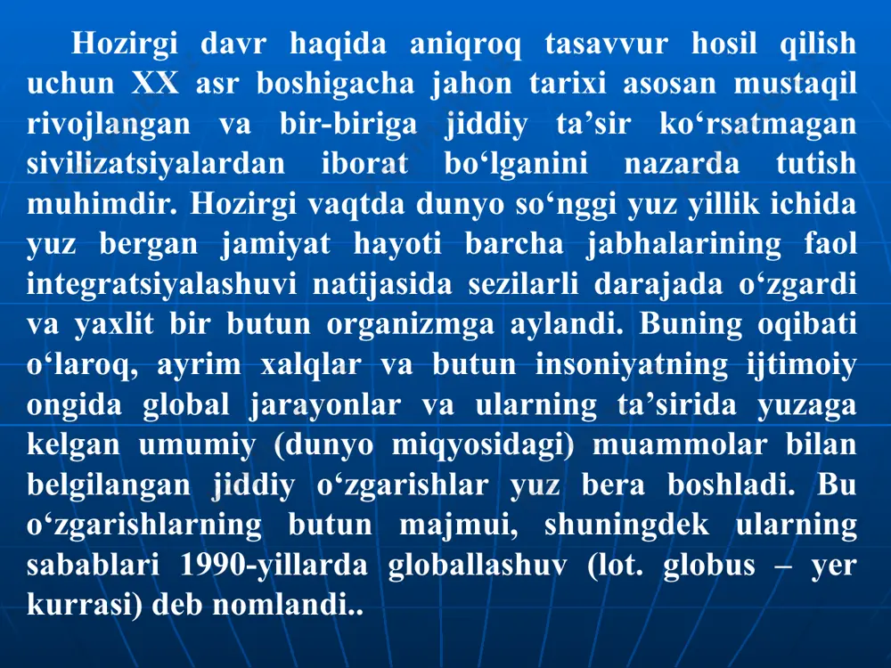 lararo qo‘nmay, to‘g‘ri uchib o‘tishlar globallashuvning asosiy belgilariga aylandi. birlashgan millatlar tashkiloti (bmt) ning tashkil topishi dunyoda integratsiya jarayonlarining rivojlanishi uchun keng imkoniyat yaratdi. serqirra globallashuv 1970-yillardan globallashuv o‘z rivojlanishining yangi bosqichiga ko‘tarildi va serqirra tus oldi. dunyo miqyosidagi tahdidlar va globallashuv jarayonlarini aholining keng qatlamlari anglab yetishi, shuningdek jahon hamjamiyati va unga mos keluvchi qadriyatlarga munosabat, madaniyat, turmush tarzining shakllanishi mazkur bosqichga xos xususiyat hisoblanadi. ayni shu davrda axborot-texnologiya inqilobining rivojlanishi jadallashdi, mif, din, falsafa, fan, ekologiya bilan bir qatorda global ong ijtimoiy ongning yana bir shakli sifatida paydo bo‘ldi. serqirra globallashuvning muhim xususiyatlari: a) «rezonans effekti»ning paydo bo‘lishi. bunda iqtisodiy yuksalishlar yoki tangliklar bir mamlakatdan u bilan uzviy bog‘liq bo‘lgan boshqa mamlakatlar va mintaqalarga o‘tadi; b) turli tovarlar va xizmatlar jahon bozorlarining yaratilishi; v) ko‘rsatilgan tovarlar va xizmatlarga jahon narxlarining shakllanishi, ular mazkur tovarlar va xizmatlar milliy ishlab chiqaruvchilarining siyosatini ko‘p jihatdan belgilashi. g) iqtisodiyotning internatsionallashuvi va pul …