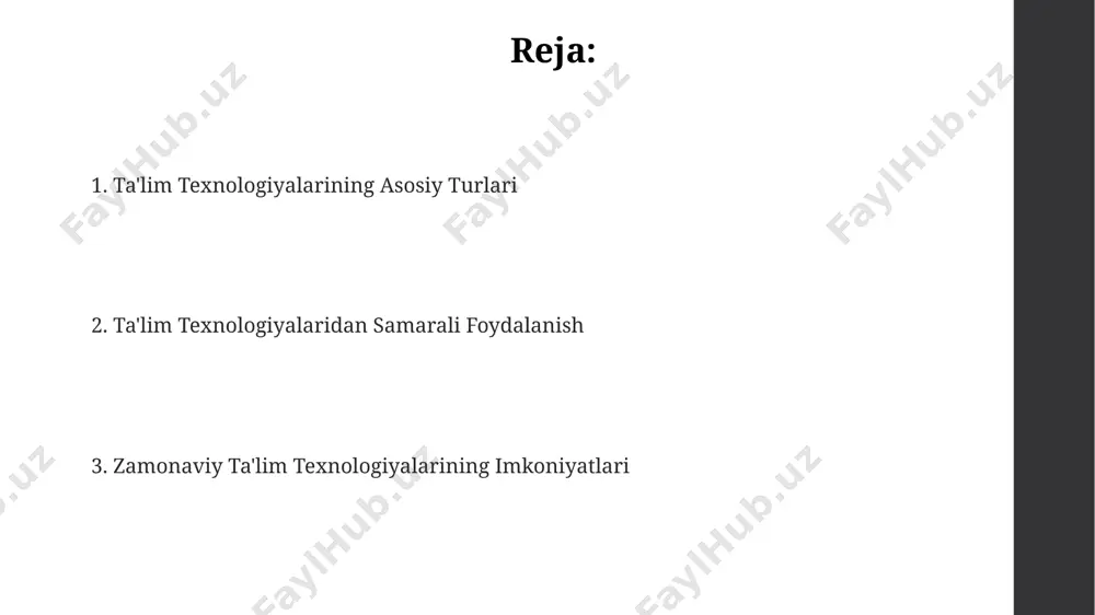 ari va mobil ilovalar kabi zamonaviy ta'lim texnologiyalari, toshkent shahridagi 100 ga yaqin maktabda 2023-yilda joriy etildi va o'quvchilarning bilim olish imkoniyatlarini kengaytirdi. zamonaviy ta'lim texnologiyalari toshkent shahridagi maktablarning 75 foizida interaktiv doskalar o'rnatilgan bo'lib, bu o'quvchilarning faol ishtirokini ta'minlash va 21-asr ko'nikmalarini rivojlantirishga xizmat qiladi. zamonaviy ta'lim texnologiyalari, masalan, o'zbekistonning 10 dan ortiq oliy o'quv yurtlarida qo'llaniladigan onlayn o'quv platformalari, ta'lim jarayonini 30% ga samaradorligini oshirishga yordam beradi. “edmodo” kabi ijtimoiy ta'lim tarmoqlari orqali samarqand viloyatidagi 5000 dan ortiq o'quvchi o'zaro hamkorlik qilib, 5 ga yaqin turli fanlardan onlayn loyihalar ustida ishlaydi. ta'lim texnologiyalarining kamchiliklari ta'lim texnologiyalarining keng tarqalgan kamchiliklardan biri, ayniqsa qishloq joylaridagi 20 dan ortiq maktablarda internetga kirishning cheklanganligi va bu o'quv jarayonining samaradorligiga salbiy ta'sir ko'rsatishi mumkin. ba'zi ta'lim dasturlari, masalan, 50% dan ortiq interaktiv elementlarga ega bo'lsa-da, o'quvchilarning individual ehtiyojlarini inobatga olmaydi va natijada samarqanddagi ba'zi maktablarda o'quv natijalarining pasayishiga olib keladi. ta'lim texnologiyalari, xususan, …