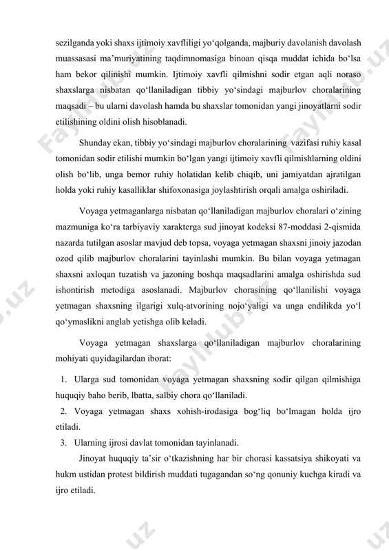 . ularning ijrosi davlat tomonidan tayinlanadi. jinoyat huquqiy ta’sir o‘tkazishning har bir chorasi kassatsiya shikoyati va hukm ustidan protest bildirish muddati tugagandan so‘ng qonuniy kuchga kiradi va ijro etiladi. shartli hukm qilingan shaxslar xulq-atvori ustidan nazoratni amalga oshirish tartibi: jazolarni ijro etish tartibi inspeksiyasi shartli hukm qilingan shaxslarni ro‘yxatga oladi va sud belgilagan sinov muddati mobaynida ularning zimmasiga yuklangan majburiyatlar bajarilishini tekshirib boradi. shartli hukm qilingan shaxslar xulq-atvori ustidan nazorat olib borishda quyidagi vazifalarni amalga oshirishda quyidagi vazifalarni amalga oshiradi: a) mahbus shaxsini, uning turmush sharoiti, atrofidagi muhitni o‘rganish; b) muayyan shaxs ish yoki o‘qish joyi va yashash joyidan uning xulq-atvori tiklangani haqidagi ma’lumotlarni yig‘ib shartli hukmni muddatdan ilgari bekor qilish; mahbusdan sudlanganlikni olib tashlash; sinov muddatini qisqartirish yoki uzaytirish yoki uzaytirish masalalarini hal etish; v) hukmda belgilangan sinov muddati davomida mahbus tomonidan sodir etilgan huquqbuzarliklar hamda sud tomonidan yuklatilgan majburiyatlarni bajarmaganlik aktlari haqida vakolatli organlarni xabardor qilib turish; g) …