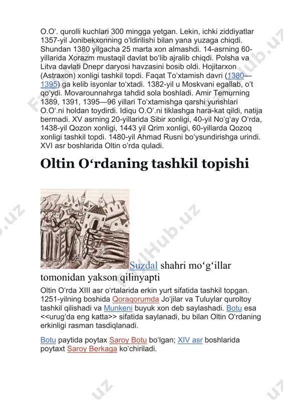 boʻlingan edi. oʻng qanot gʻarbiy qozog'iston, volgaboʻyi, shimoliy kavkaz, don, dnepr dashtlari, qirimni oʻz ichiga olgan edi. markazi volga boʻylarida joylashgan edi. oʻng qanot botu avlodlari tomonidan toʻgʻgridan-toʻgʻti boshqarilar edi. soʻl qanot markaziy qozog'iston va sirdaryoni oʻz ichiga olgan edi. bu yerda botuning ukasi o'rdu-ichenning avlodlari tomonidan boshqarilar edi. poytaxti sigʻnoq shahri boʻlgan. sibirdaoltin oʻrdaga qaram boʻlgan mahalliy sulola – taybugʻinlar boshqarishardi. oltin oʻrda merosxoʻrlarito'xtamishning rusga qilgan yurishi oltin oʻrda bir necha xonliklarga boʻlinib ketdi: qozon, qrim, astraxan, sibir, qozogʻ xonliklari va nogʻay oʻrdasiga boʻlin ketdi. · 2-mavzu:ispaniyada rekonkista harakati. ispaniya hozirgi kunda yevropaning eng yirik davlatlaridan biri hisoblanadi. uning hududida insoniyatning yashashi so’ngi paleolid davriga borib taqaladi. ammo hammamizga ma’lumki davlatlarning tashkil topishi va rivojlanishi birdaniga sodir bo’lib qolmagan. aynan ispaniyaning ham hozirgi kunga kelishida uning o’ziga xos tarixi mavjud. ispaniya qirolligi-yevropaning janubi-gʻarbida,pireney yarim orolida joylashgan davlat.viii asrda arab xalifaligi zaiflasha boshladi, natijadaundan bir nechta hududlar ajralib chiqdi. xalifalikdan …