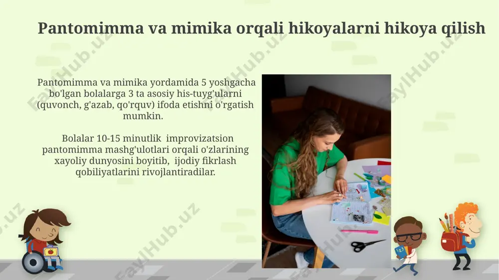 qiqalik mini-spektakllarni tayyorlash, ularning ijodini rivojlantirishda muhim rol o'ynaydi, chunki bu qisqa vaqt ichida bolalar turli rollarni o'ynash imkoniyatiga ega bo'ladilar. kostyumlar va dekoratsiyalarni yaratish jarayoniga bolalarni jalb qilish, ularning o'z qo'llari bilan 2-3 ta asosiy rekvizit tayyorlashini ta'minlash, ijodkorlikni namoyon etish uchun qo'shimcha imkoniyat yaratadi va estetik didini rivojlantiradi. tomoshabinlar bilan o'zaro ta'sir va aloqa rollarda ijro etilgan sahnalarni muhokama qilishda 7-10 ta ochiq savol berish orqali bolalarni fikrlash, tahlil qilish va o'z nuqtai nazarlarini ifoda etishga undash samaralidir. tomoshabinlarni 3-5 yoshli bolalar uchun sodda savollar bilan faol ishtirok etishga jalb qilish, ularning javoblarini ijro jarayoniga qo‘shish orqali ijodiy muhit yaratish mumkin. bolalarda ijodiy fikrlashni rivojlantirishning teatr usullari rol va syujetlarni mustaqil ravishda yaratishga yo'naltirilgan dramatizatsiyalashgan o'yinlar 10-12 yoshli bolalarning ijodiy yozish va rejissyorlik qobiliyatini rivojlantiradi. teatrlashgan o'yinlarda 5-7 yoshli bolalarda obrazli tafakkurni rivojlantirish uchun marionetkalar, niqoblar va boshqa vizual vositalardan foydalanish samaralidir. teatr faoliyatida hamkorlik va jamoaviy ish …