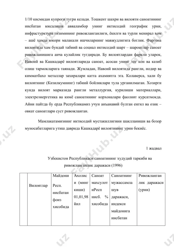 сан, андижон ва бухоро вилоятлари якин келажакда уз саноат кудратини янада оширишнинг реал имкониятларига эга. масалан: агар андижон вилоаятида (асака шахрида) жанубий кореянинг «дэу» фирмаси билан хамкорликда курилган енгил машиналар ишлаб чикарувчи ва замонавий саноат корхонаси ишга туширилган булса, бухоро вилоятининг коровулбозор шахрида нефтни кайта ишлаш заводи барпо этилди. (франция билан биргаликда). наманган, самарканд ва хоразм вилоятлари саноатининг ривожланиши эса купрок енгил ва озик – овкат тармокларига боглик булиб колмокда. бошка вилоятларнинг республика саноат ишлаб чикаришдаги мавкеи сезиларли даражада паст. бирок, саноатнинг худудий ривожланганлиги ялпи махсулотнинг умумий хажми билан эмас, балки унинг ахолига нисбатан солиштирма курсатгичида уз ифодасини топади. шунга мувофик келтирилган жадвал маълумотларига кура мамлакатимизда биринчи уринда навоий вилояти, иккинчи уринда тошкент шахри, учинчи уринда пойтахт вилояти туради. туртинчи ва бешинчи уринларни фаргона ва кашкадарё вилоятлари эгаллайди. навоий вилоятида саноатнинг мужассамлашув даражаси (индекси) республика курсатгичига нисбатан 3.22, тошкент шахри ва тошкент вилоятида эса у 1.70 ни ташкил этади. фаргона …