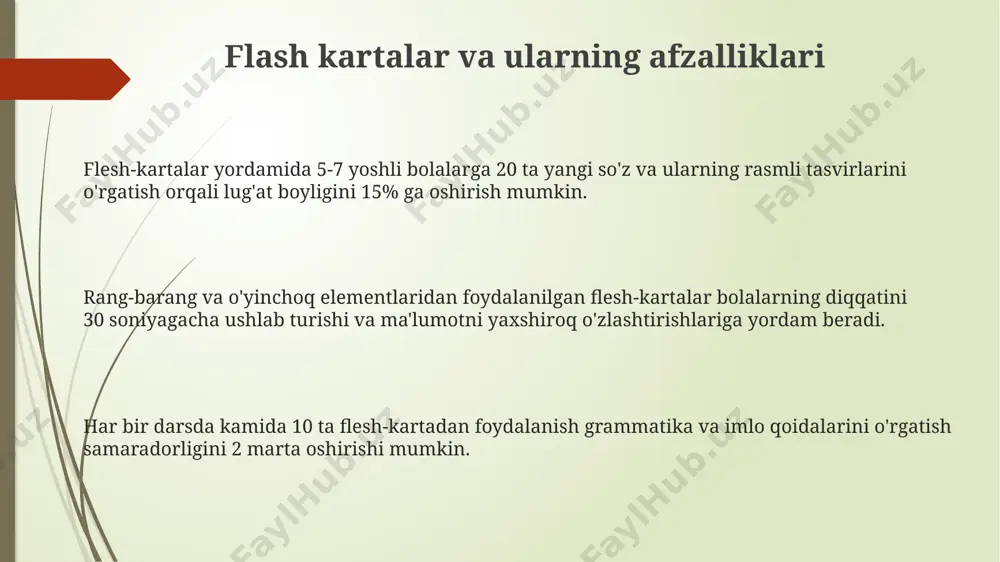 beradi. o'qituvchilar uchun amaliy maslahatlar imlo mashg'ulotlarida 10-15 ta yangi so'zni o'rgatishda, har bir so'z uchun illustratsiyalar va jumlalar bilan to'ldirilgan "so'z kartalari" dan foydalaning. boshlang'ich sinf o'quvchilariga 3-5 ta asosiy grammatik qoidani vizual qo'llanmalar yordamida tushuntirishda, har bir qoidani alohida rangli kartalar yoki rasmlar bilan ifodalash samarali bo'ladi. nutq rivojlantirishda, 5-7 ta turli xil emotikonlar va mimikani aks ettiruvchi rasmlarni qo'llab, his-tuyg'ularni ifoda etish bo'yicha mashqlarni o'tkazing. vizual vositalarni tanlash mezonlari ta’lim maqsadlariga mos ravishda (masalan, grammatika qoidalarini tushuntirish uchun jadvallar, so‘zlarni to‘g‘ri yozishni o‘rgatish uchun kartochkalar) turli xil vizual vositalar (kamida 2 xil) tanlash kerak. samarali vizual vositalar kamida 3 ta hissiy idrok kanaliga (ko‘rish, eshitish, harakat) murojaat qilishi va o‘quv jarayonini 20-30% ga tezlashtirishi mumkin. vizual vositalarni tanlashda o‘quvchilarning yosh xususiyatlari (masalan, 6-7 yoshdagi bolalar uchun rang-barang va sodda rasmlar, 9-10 yoshdagilar uchun murakkabroq sxemalar) va dars mavzulariga mos kelishi muhim. imlo darslarida vizual vositalardan foydalanish imlo …