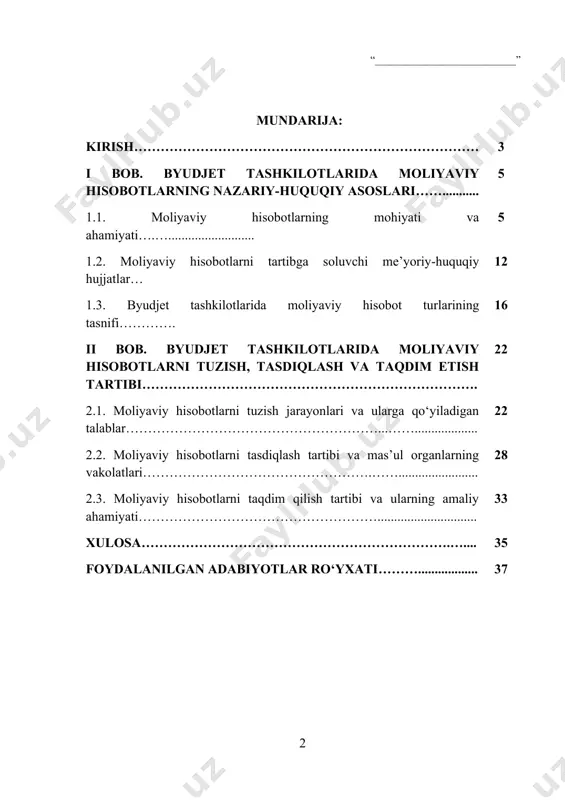 i shakllantiradi. byudjet tashkilotlari moliyaviy intizomni ta’minlash, mablag‘lardan oqilona va samarali foydalanish, hamda shaffof hisobotlarni yuritish orqali davlat mablag‘larining maqsadli sarflanishini kafolatlaydi. shu bois, moliyaviy hisobotlarni to‘g‘ri tuzish, belgilangan tartibda tasdiqlash va o‘z vaqtida taqdim etish masalalari alohida dolzarblik kasb etadi. mamlakatimizda so‘nggi yillarda davlat moliyasini boshqarish tizimini modernizatsiya qilish, byudjet hisobini xalqaro standartlarga yaqinlashtirish, elektron hisobot tizimlarini joriy etish bo‘yicha keng ko‘lamli islohotlar amalga oshirilmoqda. bu jarayonda byudjet tashkilotlarining moliyaviy hisoboti shaffoflikni ta’minlash, jamoatchilik nazoratini kuchaytirish va moliyaviy resurslardan foydalanish samaradorligini oshirish vositasi sifatida e’tiborda bo‘lmoqda. ayniqsa, davlat moliyaviy nazorati qo‘mitasi, moliya vazirligi hamda boshqa vakolatli organlar tomonidan joriy etilgan yangi talab va me’yorlar byudjet tashkilotlari hisobot faoliyatiga yangi yondashuvlarni olib kirdi. kurs ishining dolzarbligi - moliyaviy hisobotlar nafaqat tashkilotning ichki faoliyatini baholash, balki davlat mablag‘larining to‘g‘ri va maqsadli sarflanishini nazorat qilishda ham asosiy axborot manbai sifatida xizmat qiladi. bugungi kunda o‘zbekiston respublikasida elektron hisobot tizimlari joriy etilmoqda, xalqaro …