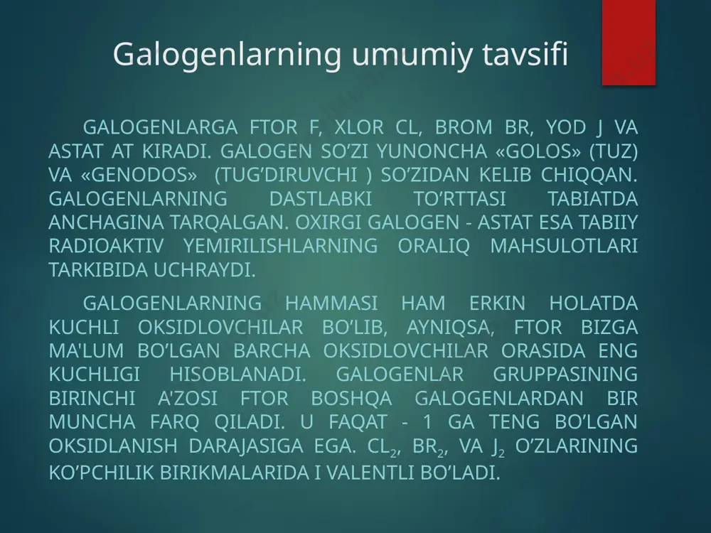 o’p miqdorda ishlatiladi. xlor ichiladigan suvni sterillash va tashlandiq suvlarni zararsizlantirish uchun ham ishlatiladi. xlorli organik modda narkoz beruvchi modda sifatida ishlatilgan. brom har xil dori vositalar ishlab chiqarish uchun ham foydalaniladi. brom yetishmasligi insonlarda asab kasalligini keltirib chiqaradi. bunday bemorlarga bromli dori-darmonlar tavsiya etiladi. organizmda yodning yetishmasligi esa endemik bo’qoq deb ataladigan kasallikni vujudga keltiradi. shunday qilib galogenlarning inson organizmiga ta’sirini mavzuning dolzarbligi deb oldim. galogenlarning tabiatda uchrashi galogenlar kimyoviy jihatdan aktiv elementlar bo’lgani uchun, tabiatda hamisha birikmalar holida, asosan galogenid kislotalarning tuzlari holida uchraydi. ftor tabiatda deyarli ko’p tarqalgan element. uning yer qobig’idagi massa ulushi 2,7·10-2 % ni tashkil etadi. ftorning eng muhim minerallaridan flyuorit caf2, kriolit na3alf6, ftorapatit 3ca3(po4)2·caf2 ma’lum. ftor birikmalari tish va suyaklar tarkibiga (tish emali tarkibida 0,01 % ftor borligi aniqlangan) kiradi. xlor tabiatda keng tarqalgan; yer qobig’ida og’irlik jihatidan 4,810-2 % tarqalgan. xlor tabiatda birikmalar holida bo’ladi. natriy, magniy, kaliy xloridlar dengiz va …