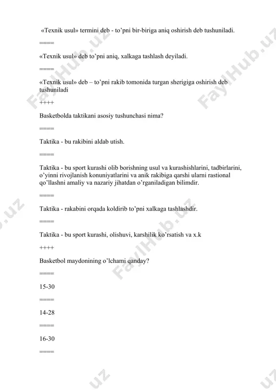 ++++ quyidagi 18mx9m maydon o’lchami qaysi sport turiga xos? ==== tennis ==== basketbol ==== qo’l to’pi ==== voleybol ++++ quyidagi 28m x 15 m maydon o’lchami qaysi sport turiga ta’luqli? ==== basketbol ==== futbol ==== qo’l to’pi ==== voleybol ++++ basketbol sport turi kashf qilingan sanani belgilang? ==== 1890 yil ==== 1891 yil ==== 1895 yil ==== 1899 yil ++++ jismoniy tarbiya darslari necha qismdan iborat? ==== 2 ==== 3 ==== 4 ==== 5 ++++ sportning voleybol turida o’yin necha partiya davom etadi? ==== 5 ==== 4 ==== 3 ==== 2 ++++ quyidagi 20x40m maydon o’lchami qaysi sport turiga ta’luqli? ==== qo’l to’pi ==== basketbol ==== voleybol ==== mini futbol ++++ sizningcha jismoniy tarbiya darslari qanday qismlardan iborat? ==== tayyorlov, asosiy ==== kirish. asosiy ==== tayyorlov, asosiy, yakunlovchi ==== amaliy,nazariy ++++ sportning voleybol sport turiga xos bo’lgan ta’rifni aniqlang? ==== maydoni 9x18m, to’r balandligi 2m43sm ==== maydoni 9x18m, to’r balandligi …