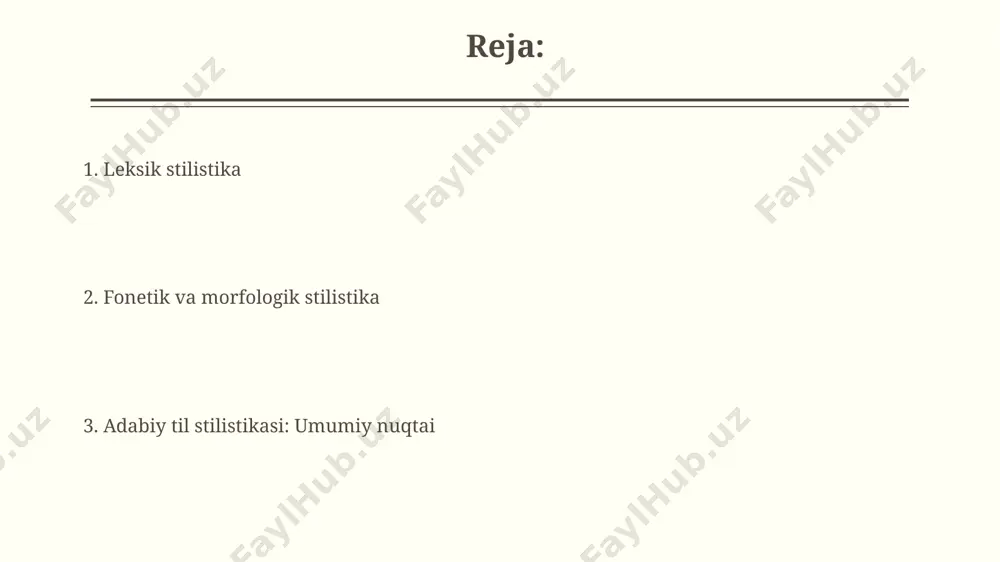 ta bo’lakli qo’shma gaplarning tez-tez qo’llanilishi kuzatiladi. 20-asr o’zbek she’riyatida, ayniqsa, cholpon, g’afur g’ulom ijodida sodda, qisqa gaplarning ustunligi, xususan, 2-3 so’zdan iborat gaplarning ko’p ishlatilishi xarakterlidir. adabiy til stilistikasi: kirish адабий тил стилистикаси ўрганиш объекти сифатида 19-20 асрлардаги ўзбек адабиётидаги 3та йирик шоирнинг (фитрат, чўлпон, гафур гулом) асарларини таҳлил қилиш орқали аниқланади. тошкент давлат университетида 50 йилдан ортиқ вақт давомида адабий тил стилистикаси бўйича 200 дан ортиқ илмий иш ҳимоя қилинган бўлиб, бу соҳадаги тадқиқотларнинг кенг кўламли эканлигини кўрсатади. morfologik stilistika rus tilida, moskva lingvistika maktabining tadqiqotlari 70 yildan ortiq vaqt davomida zamonaviy proza asarlarida olmoshlarning morfologik xususiyatlari va ularning stilistik ta'sirini o'rganib kelmoqda. o'zbek tilida, toshkent universiteti tadqiqotlarida, otlarning qo'shimchalari orqali ifodalanadigan 3 ta grammatik kategoriyaning (son, kelishik, aniqlik) stilistik funksiyalari batafsil o'rganiladi. e'tiboringiz uchun rahmat @taqdimot_robot image2.jpg image3.jpg image4.jpg image5.jpg image6.jpg image7.jpg image8.jpg