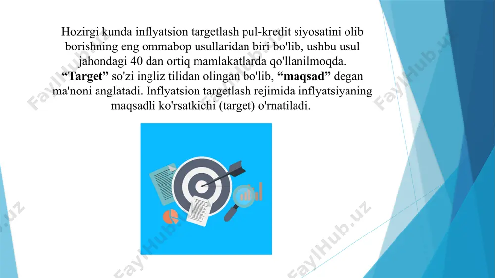 i. nima uchun aksariyat mamlakatlar inflyatsion targetlash rejimini tadbiq etmoqda? gap shundaki, past darajadagi va progonoz qilinadigan (barqaror) inflyatsiya mamlakatda barqaror iqtisodiy o'sish uchun juda zaruriy omil hisoblanadi. binobarin, inflyatsion kutilma tijorat banklari tomonidan kredit ajratishda undagi foiz stavkasiga qo'shiladi hamda yuqori inflyatsion kutilma kredit foiz stavkasining yuqori bo'lishiga olib keladi. shunday qilib, tadbirkorlar qarz mablag' (kredit)lardan foydalanganliklari uchun hisoblangan foiz stavkalarining yuqori (yuqori inflyatsiya ta'sirida) bo'lishi, ularni qaytarish bilan bog'liq to'lovlarga ta'sir qiladi. agar foiz stavkalari (kredit uchun hisoblangan) yuqori bo'lsa, tadbirkorlar kamroq kredit oladilar. bu esa ularning investitsiyaviy qobiliyatiga ta'sir etgan holda, uzoq muddatli iqtisodiy o'sishga salbiy ta'sir qiladi. zero, biz bugun kiritayotgan investitsiyalar - ertangi kunda tovar va xizmatlarni ishlab chiqarishda foydalaniladigan asosiy ishlab chiqarish manbalarini yaratishda muhim vosita bo'lib xizmat qiladi nima uchun inflyatsion targetlash rejimidan foydalanish kerak? inflyatsion targetlash rejimi bir necha makroiqtisodiy maqsadlarga erishish imkonini beradi: narxlarning keskin oshishi va yuqori inflyatsiyani oldini olish; …
